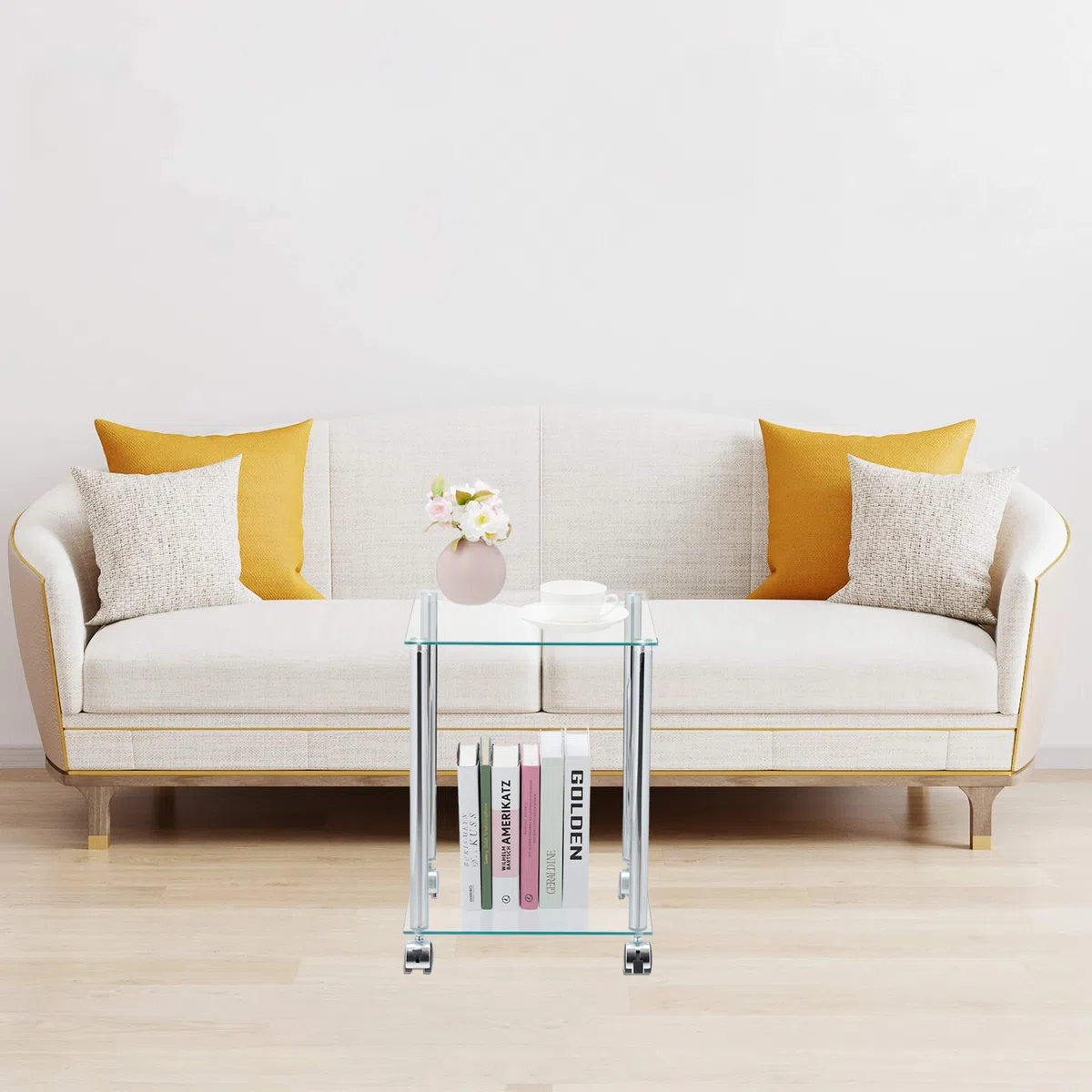 Relaxdays Tavolino con Ruote, 2 Ripiani, Quadrato, per Salotto, Vetro e Acciaio, Tavolo da Divano, Trasparente Argentato