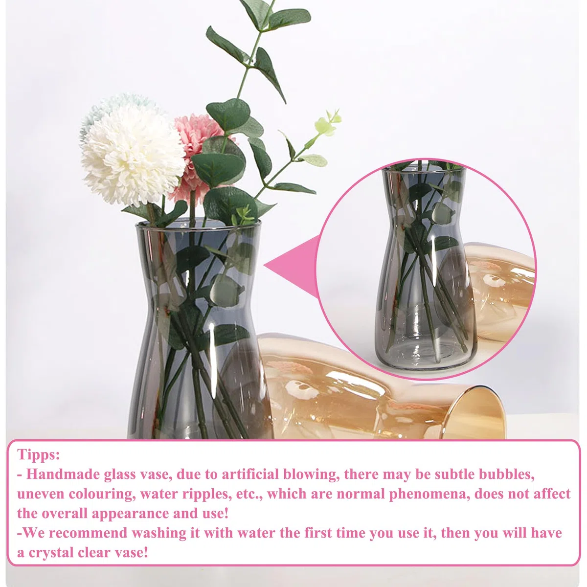 Vaso per fiori in vetro trasparente, alto 20 cm, per decorazione da tavolo, vaso decorativo per erba della pampa, tulipani, orchidee, rose, fiori secchi (grigio fumo)