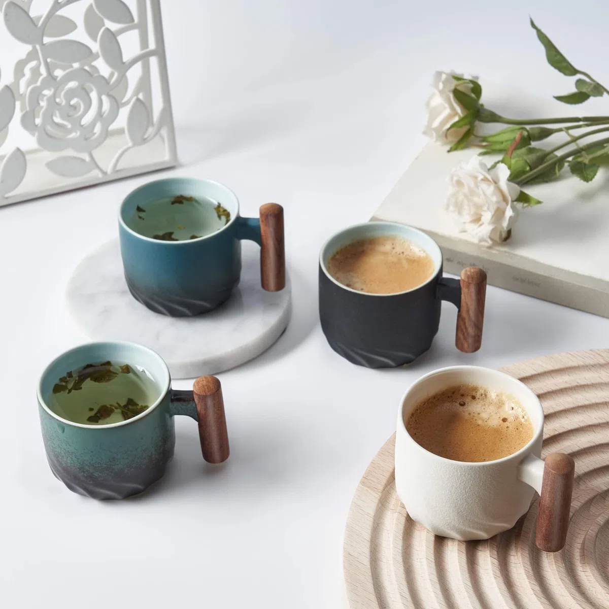 Tazze in ceramica per espresso con manico in legno Tazze per espresso shot Tazze da tè in ceramica Tazze da caffè Demitasse in porcellana per caffè o tè, 60ml (blu, 2)