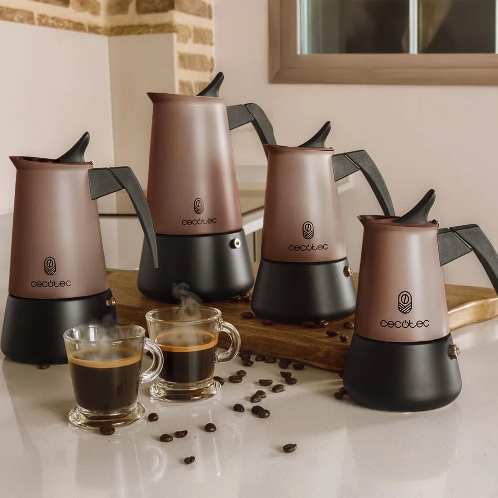 Cecotec Caffettiera Moka Express Piccolina 400 Bronze. 200ml, 4 Tazze di Caffè, Acciaio Inox, Adatta Tutte le Superfici, Filtro Premium, Valvola di Sicurezza, Manico Termoresistente, Design Elegante