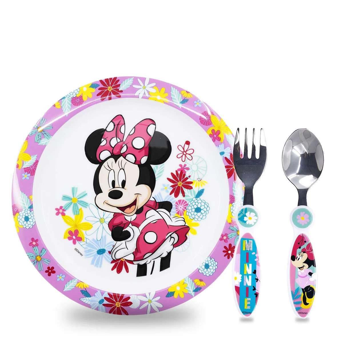 Set Stoviglie bambini, Piatti riutilizzabili per asilo, scoula, piatto, posate in acciaio inox, Set piatti in plastica dura andata per microonde, Minnie