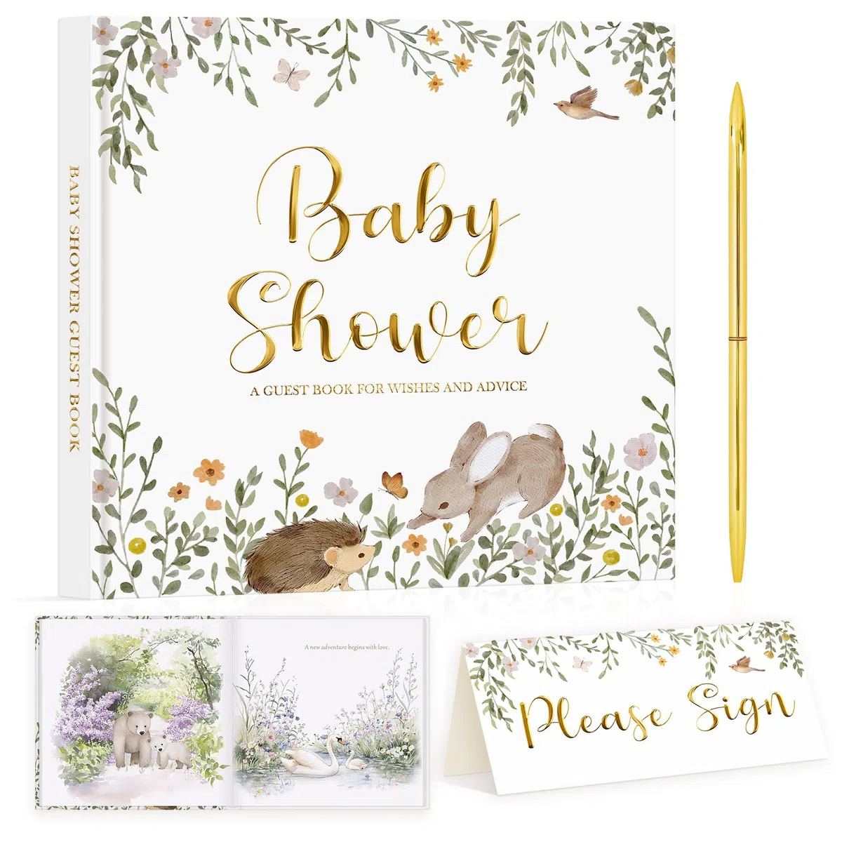 Lanpn Libro degli Ospiti per Baby Shower & Gender Reveal, Baby Shower Guest Book, Tema Neutro Animali Bosco, Album Ricordi con Messaggi, Auguri e Foto per Futuri Genitori, Inglese, 114 Pagine