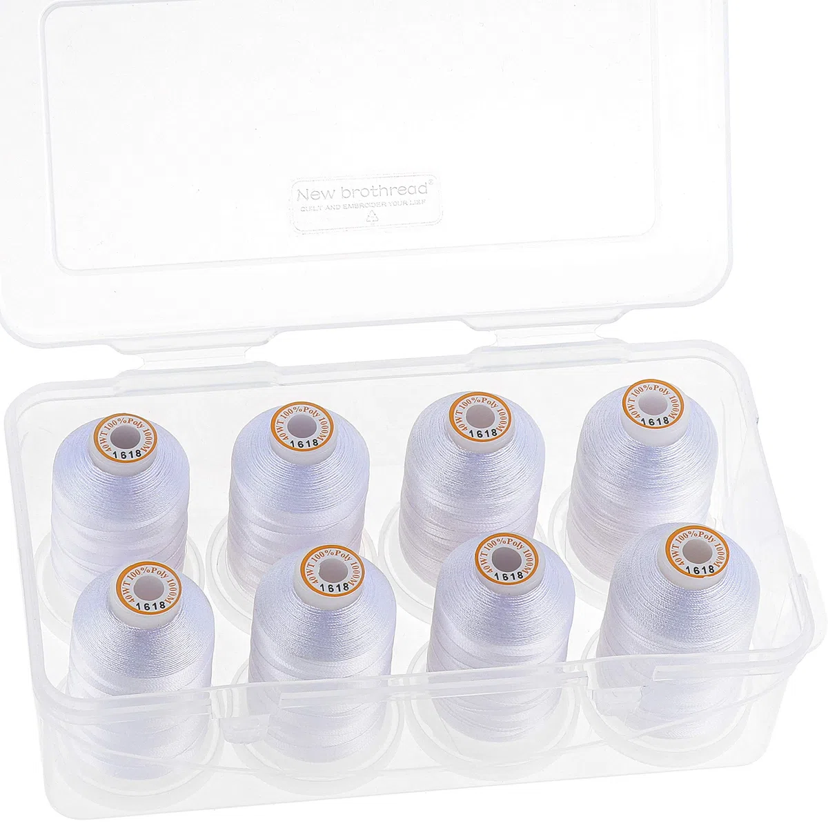 New brothread Poliestere Filo di Ricamo Macchina 1000m con Scatola di plastica di stoccaggio per Ricamo e Quilting - 8xBianco