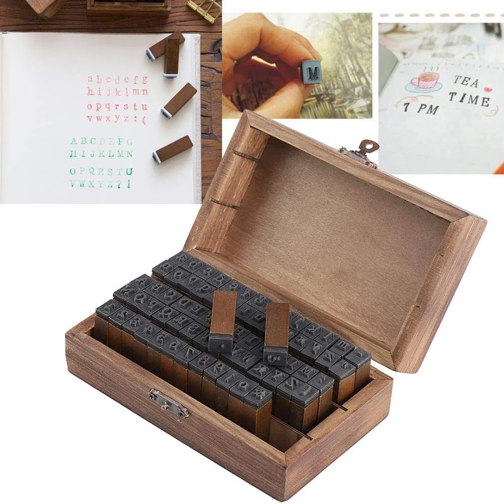 70PCS Timbri in legno vintage, alfabeto in legno lettera timbri compatibili con carta/tessuto/plastica/vetro/legno - Set di timbri numerati fai-da-te con scatola di immagazzinaggio
