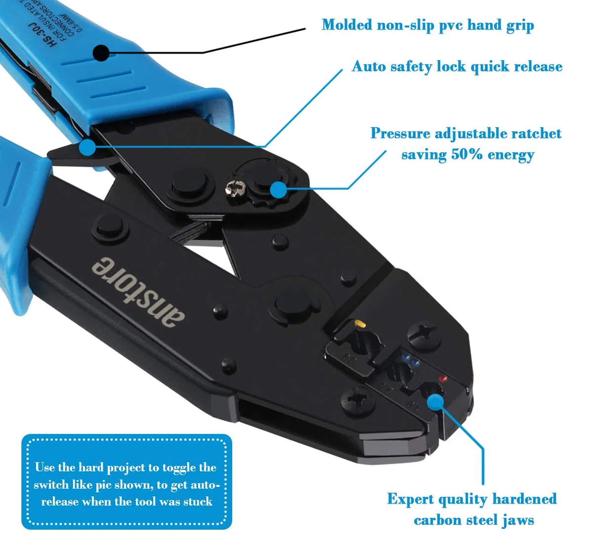 Anstore Pinza crimpatrice per capicorda con funzione a cricchetto, 0,5-1/1,5-2,5/4-6 mm², lunghezza 22,5 cm