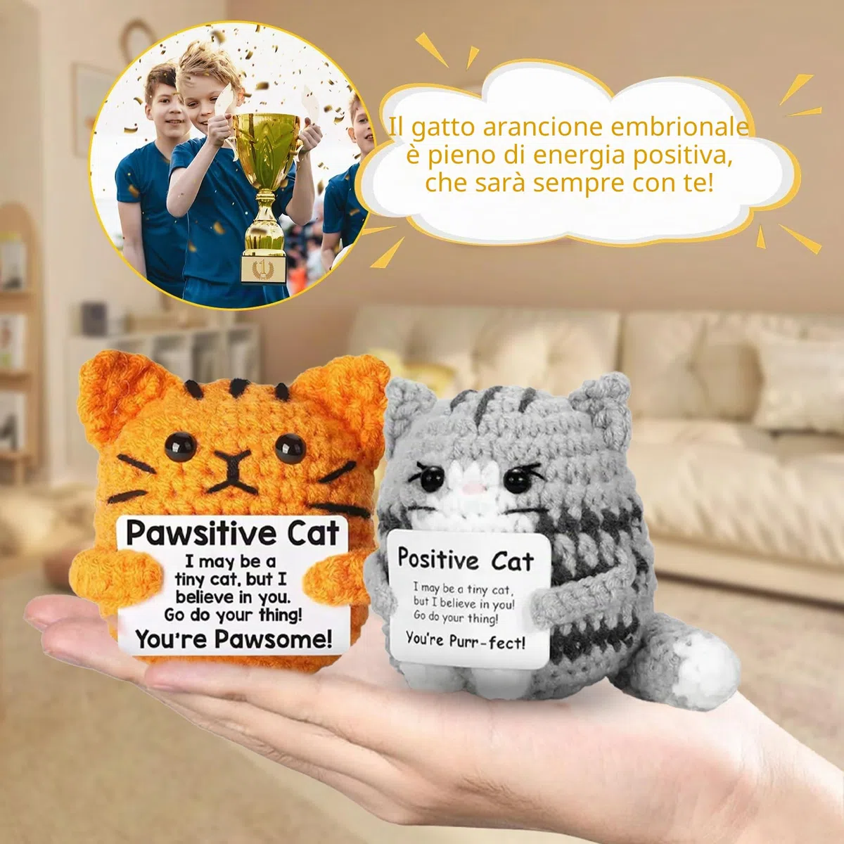Animali di peluche positivi a uncinetto Gatto, 2 pezzi Animale di peluche di supporto emotivo Regalo, Regali positivi Gatto, Regalo incoraggiante, Portafortuna con biglietto di incoraggiamento