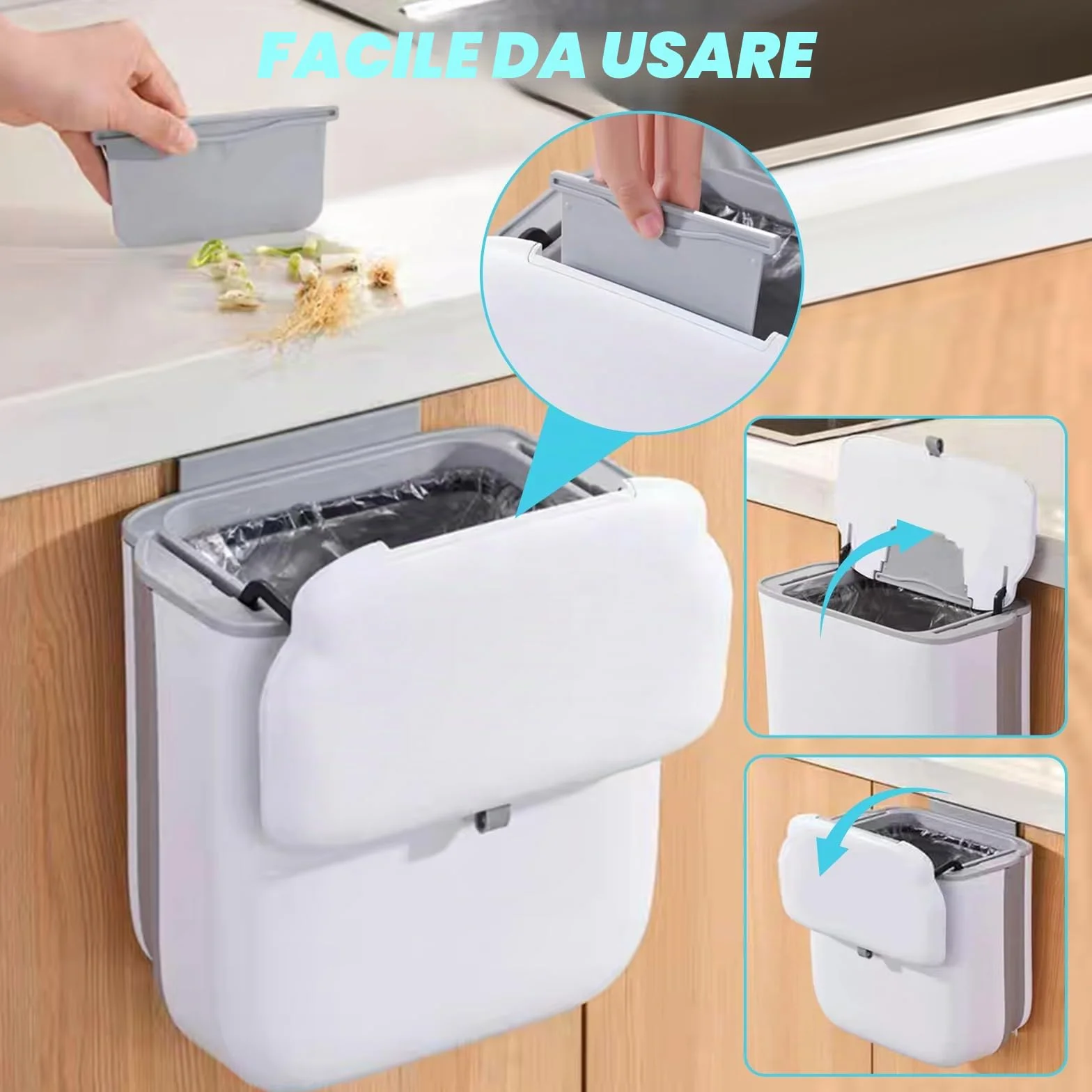Pattumiera Cucina da Appendere, Pieghevole Secchio Spazzatura Sottolavello Impermeabile 10L con Coperchio, PP+TPA, Pattumiera Estraibile Sottolavello per Cucina Bagno Campeggio Auto Ufficio