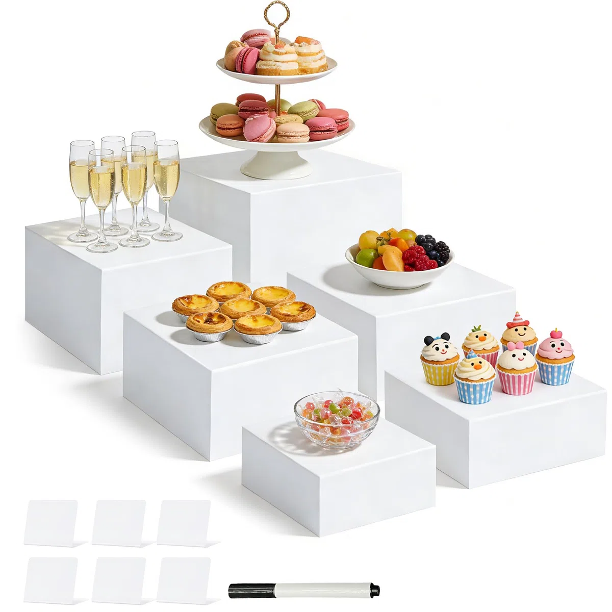 6 zoccoli in acrilico per alimenti, supporto bianco per dessert per buffet, torre per cupcake, alzata per torte, spettacoli di gioielli, eventi di catering (20,3 cm + 19,1 cm + 17,8 cm + 17,3