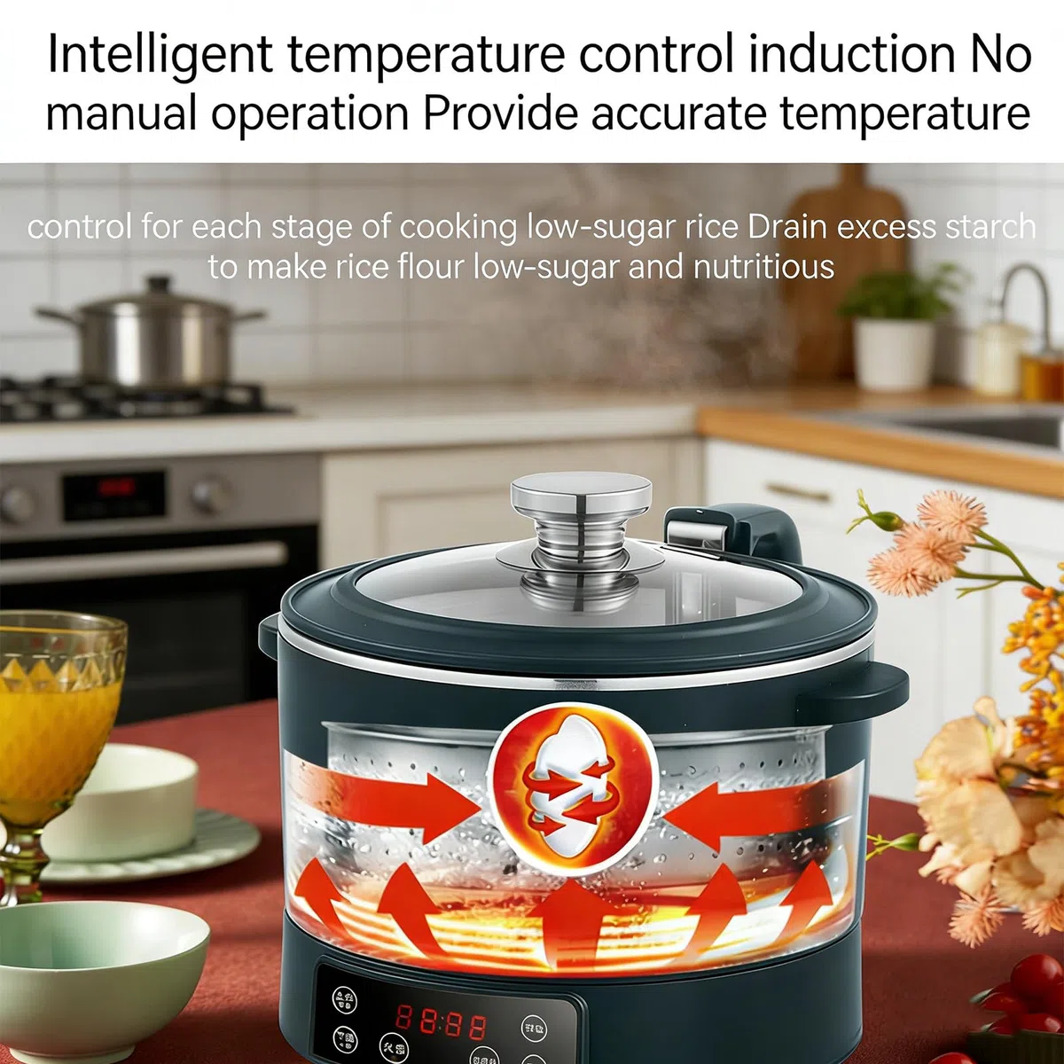 Cucina del Riso a Basso carboidrato (elevazione Auto), 3L 1500W Riscaldamento induzione, separazione Riso-Acqua (54% Meno amido), Timer 12H, Multifunzionale, Acciaio Inox 304
