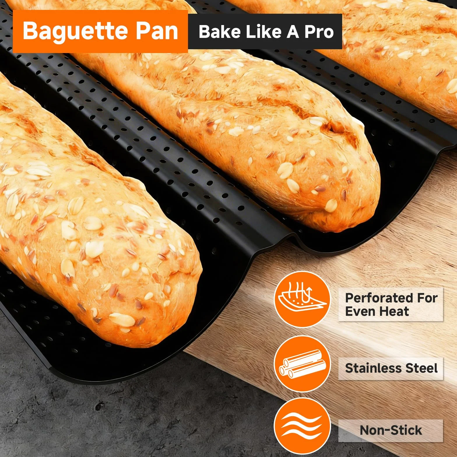 Stampo per Baguette, Teglia Baguette con Rivestimento Antiaderente, Teglia per Pane, Perfetto per Panetterie e Uso Domestico, 38x25 cm, Acciaio al Carbonio