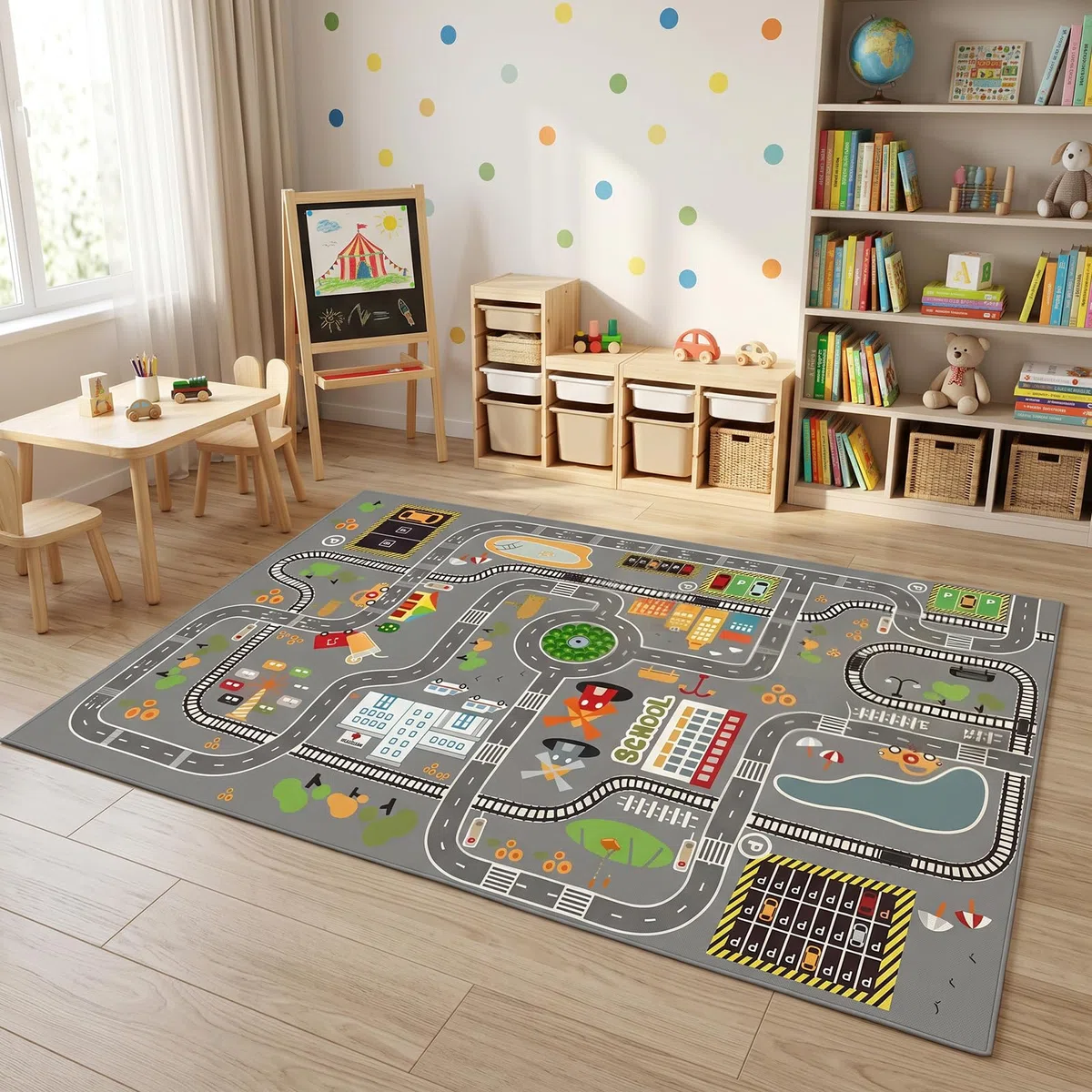 Tappeto con Tracciato Stradale Cartoon, Tappeto Mappa Città, Carpet in Fibra di Poliestere,Carpet Decorativo Antiscivolo e Lavabile per Ambienti Domestici-80x120cm