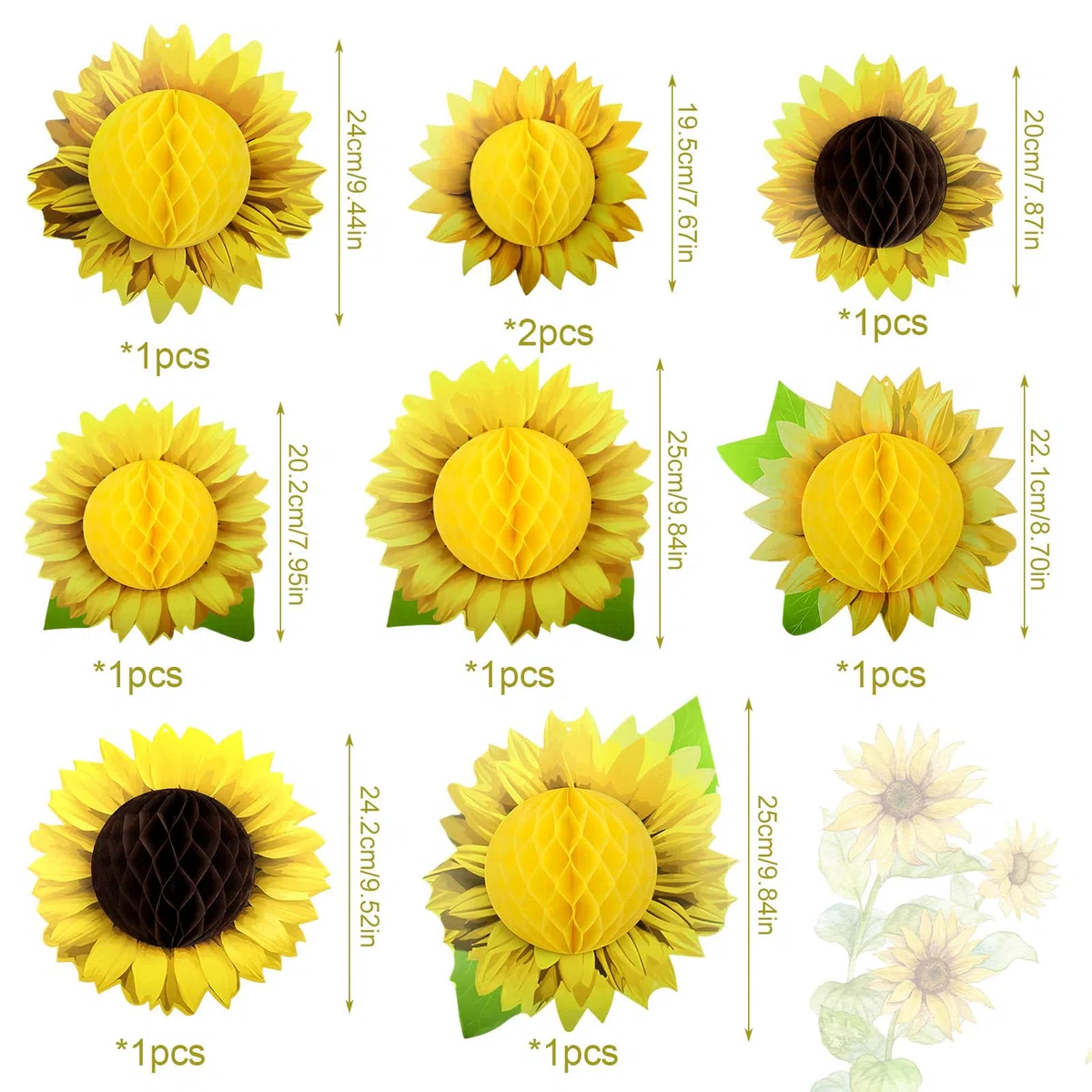 12 Pezzi Girasole Fiori Carta Crespa da Appendere Pompom et 12 Adesivi a Forma di ape Fiori di Carta per Compleanno Matrimoni Baby Shower Feste in Fiardino