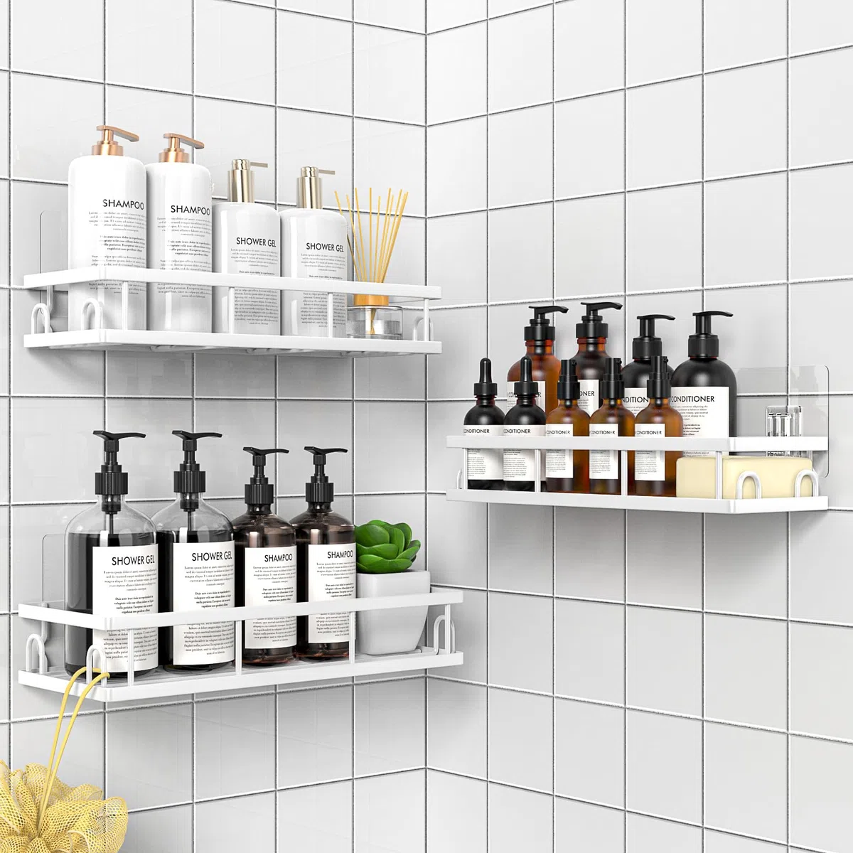 Mensola Doccia Senza Foratura, Impermeabile e Antiruggine, Porta Bagnoschiuma Shampoo da Doccia, 3 Pezzi Organizer Doccia (Bianco- 3 Pezzi)