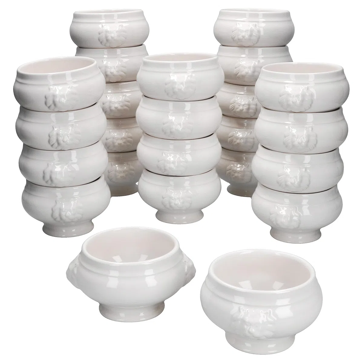 MamboCat Leo, set da 24 terrine a testa di leone, piccole – 250 ml, per 24 persone, tazze da zuppa bianche da 0,25 litri, zuppa con teste di leone, per zuppa di nozze, piselli o lenticchie