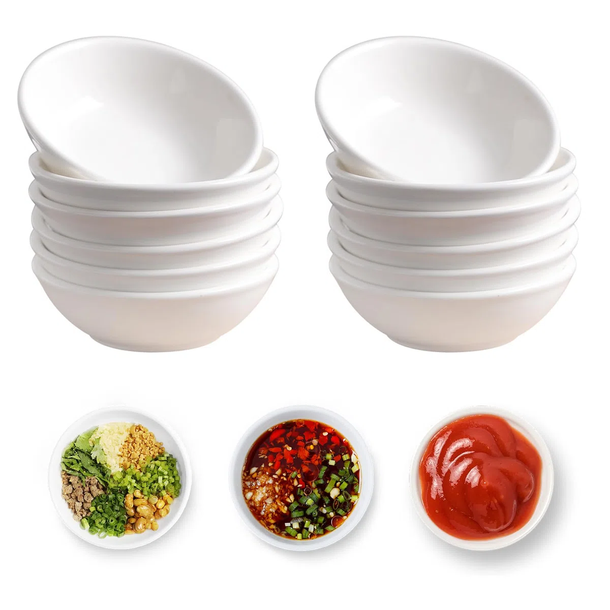 Set di 12 ciotole per salsa, rotonde, per salsa di soia, per sushi, ketchup, spezie, snack BBQ
