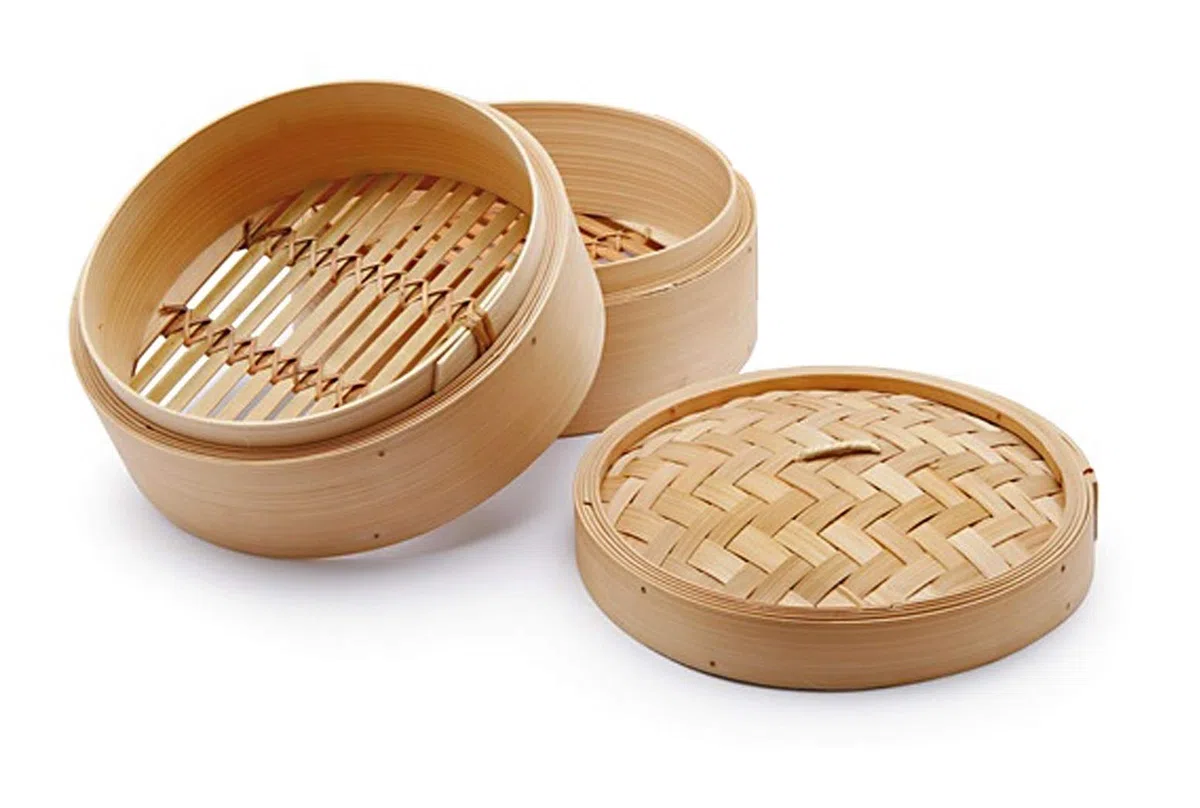 H&H Cuocivapore in Bambù, 2 Piani, con Coperchio – Cestello per Cottura a Vapore, 20 cm – Ideale per Carne, Pesce, Verdura e Ravioli