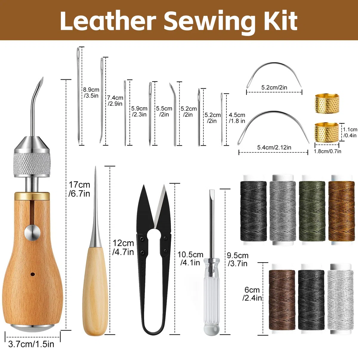 Sinofort 21 pezzi Set da Cucito in Pelle, Filo Cerato per Cuoio, Kit da Cucito in Pelle Professionale, Kit di Strumenti Artigianali in Pelle per Principianti, con Ago per Pelle, Punteruolo etc