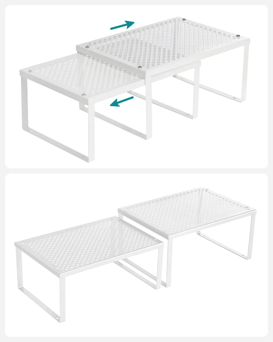 SONGMICS Scaffale Portaspezie, Set di 2 Organizzatori da Cucina Espandibili, Scaffale da Cucina Impilabile, Metallo, Bianco KCS01WT