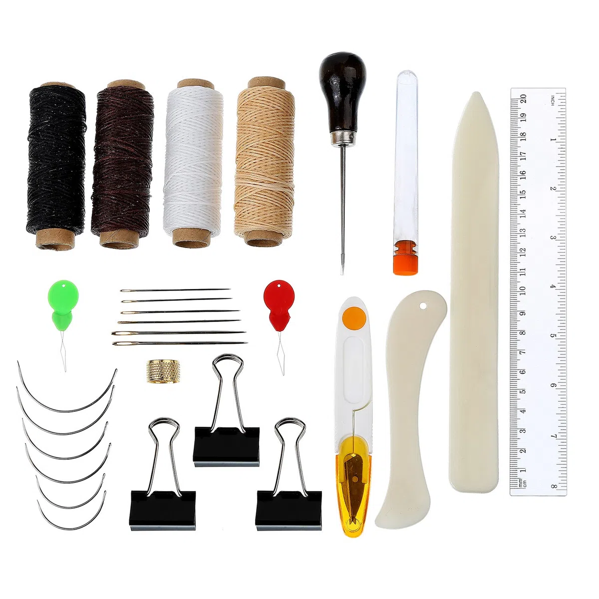 28 Pezzi Strumenti di Rilegatura Set Aghi Larga Cruna Curvato Ditale Anello Infila-ago Cerato Filetto Tagliatore Cartella Carta Piegatrice Legante Clip Manico Punteruolo Righello per Fatti a Mano Lib
