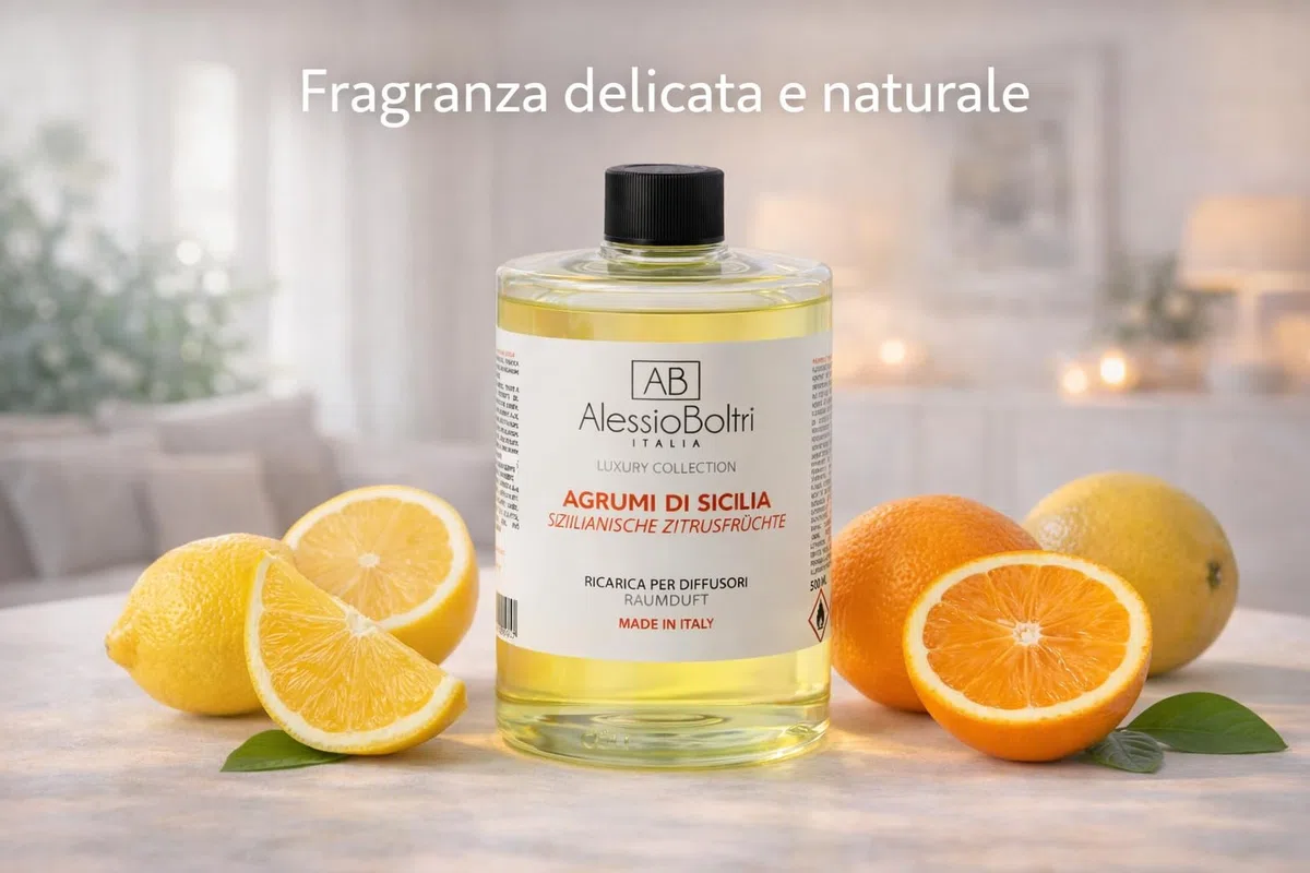 Alessio Boltri Ricarica Diffusore Ambiente 500 ml – Agrumi di Sicilia – Fragranza Delicata e Naturale – Solo per Diffusori a Bastoncini – Durata Fino a 120 Giorni – Made in Italy