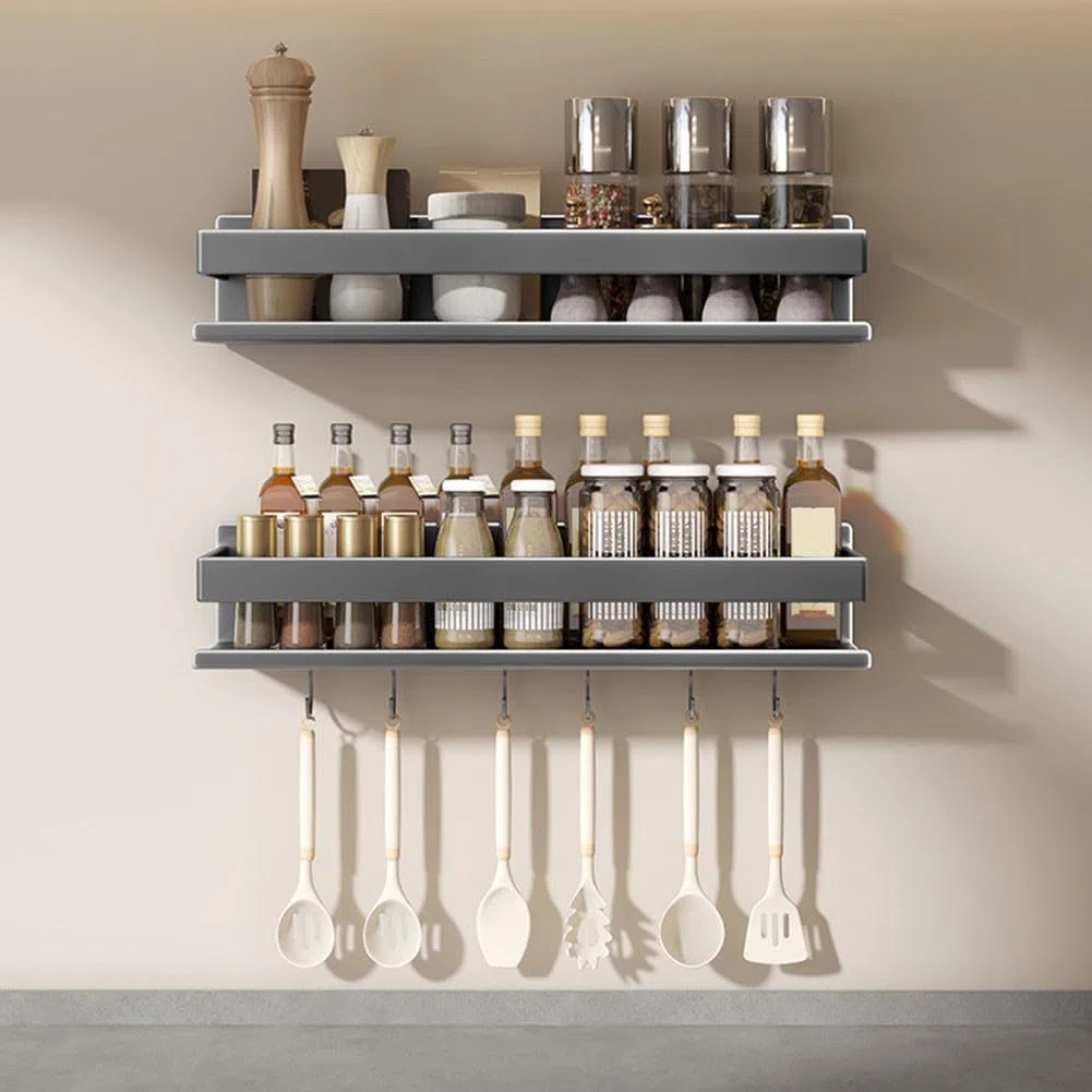 Scaffale da cucina in acciaio al carbonio da parete, senza trapano, mensola salvaspazio con ganci per spezie, utensili e barattoli, design moderno grigio per organizzare condimenti A