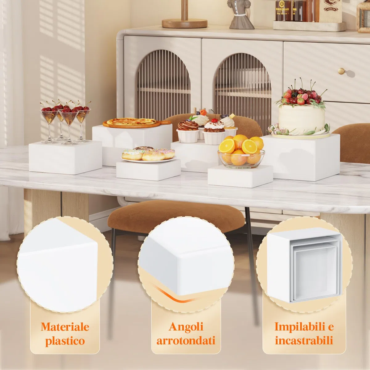 Lifewit Espositore da Buffet per Aperitivo, Supporti in Plastica per Torte, Dessert, Oggetti da Collezione, Gioielli, Supporto Cubico Annidabile, Bianco, Set di 6 (20/18/15 cm)