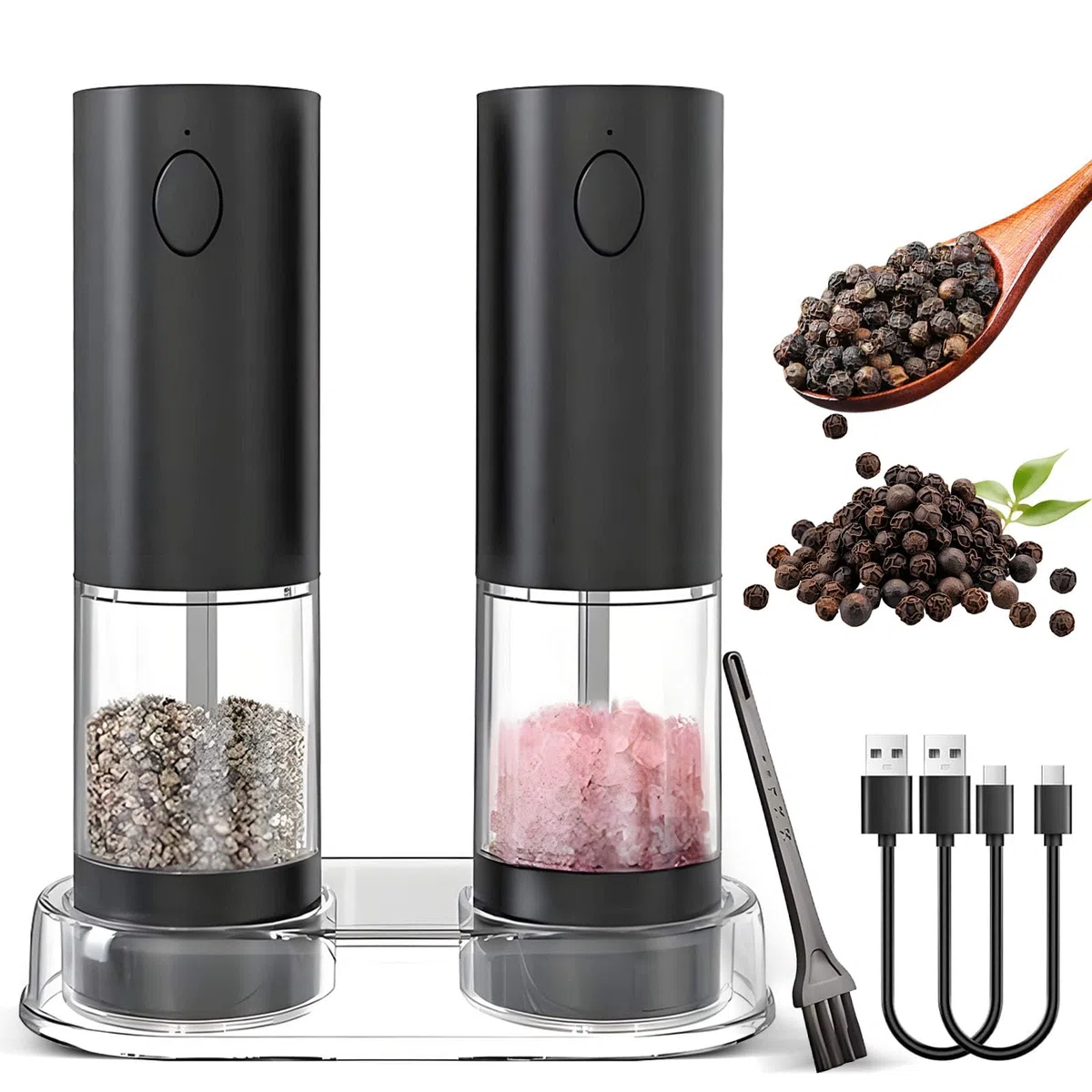 Set di 2 macina sale e pepe, macinapepe ricaricabile, contenitore trasparente da 95 ml, grande capacità, macinapepe e macina regolabile, base, luce LED (nero)
