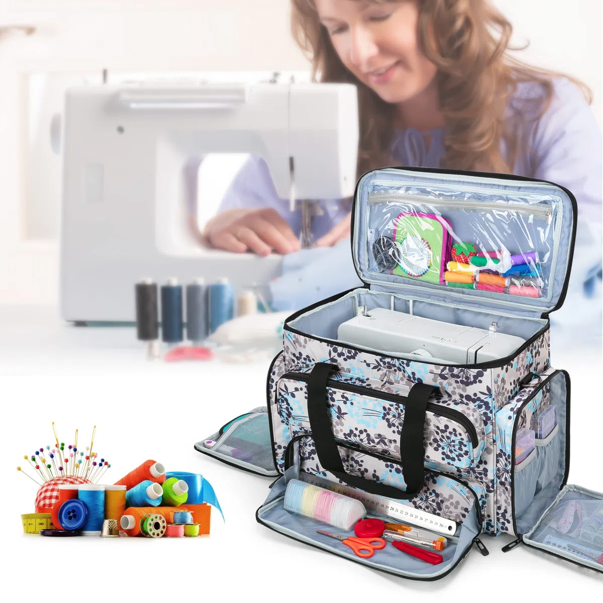 CURMIO Borsa da Trasporto per Macchine da cucire per la Maggior Parte delle Macchine da Cucire Standard, Borsa da Viaggio Portatile con Scomparti, (Solo Borsa), Dente di leone