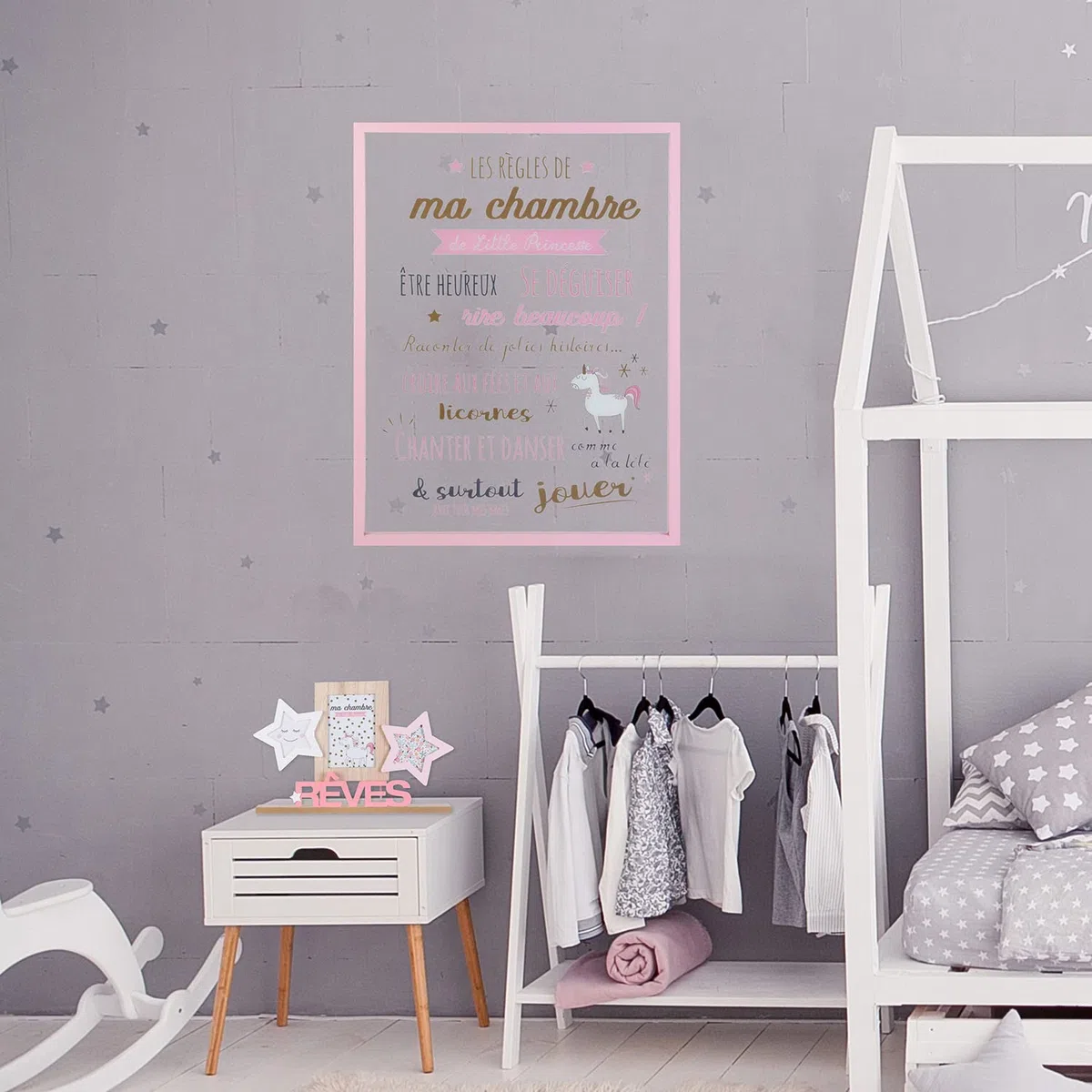 HOME DECO KIDS HD2352 Cornice Les Regles Bambine Deco Camera Oggetto Decorativo, Legno, MDF, Trasparente, Rosa, Or-Grigio Scuro/Rosa Polvere, 40 x 1,6 x 60