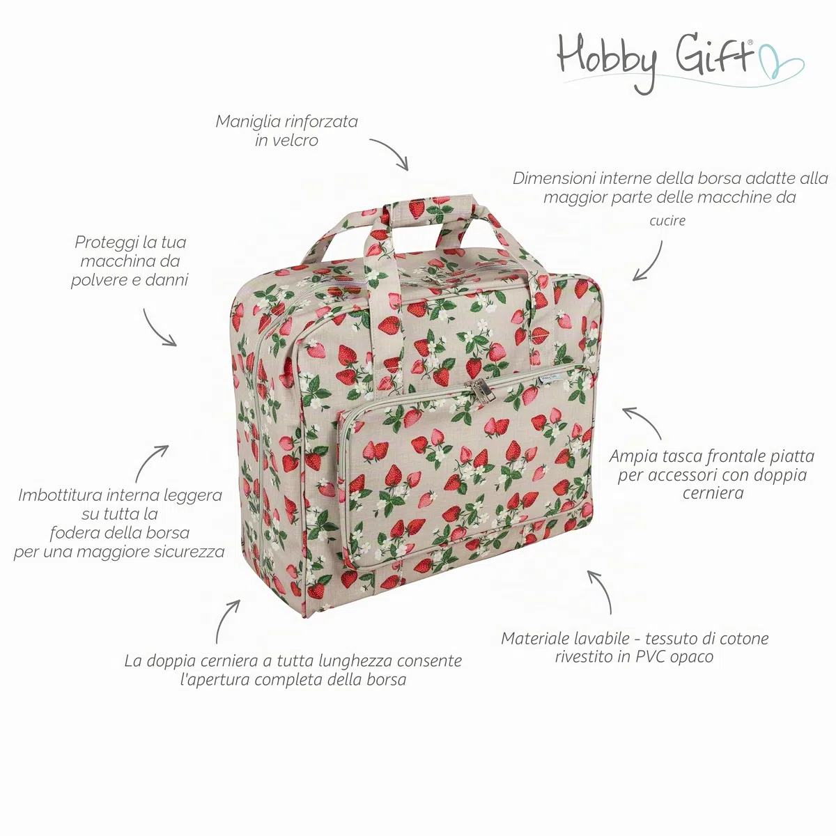Hobby Gift Borsa per Macchina da Cucire - Borsa Imbottita Resistente con Chiusura a Zip, Borsa Grande Impermeabile per Trasporto e Accessori da Cucito - 20 x 44 x 38 cm, Fragole