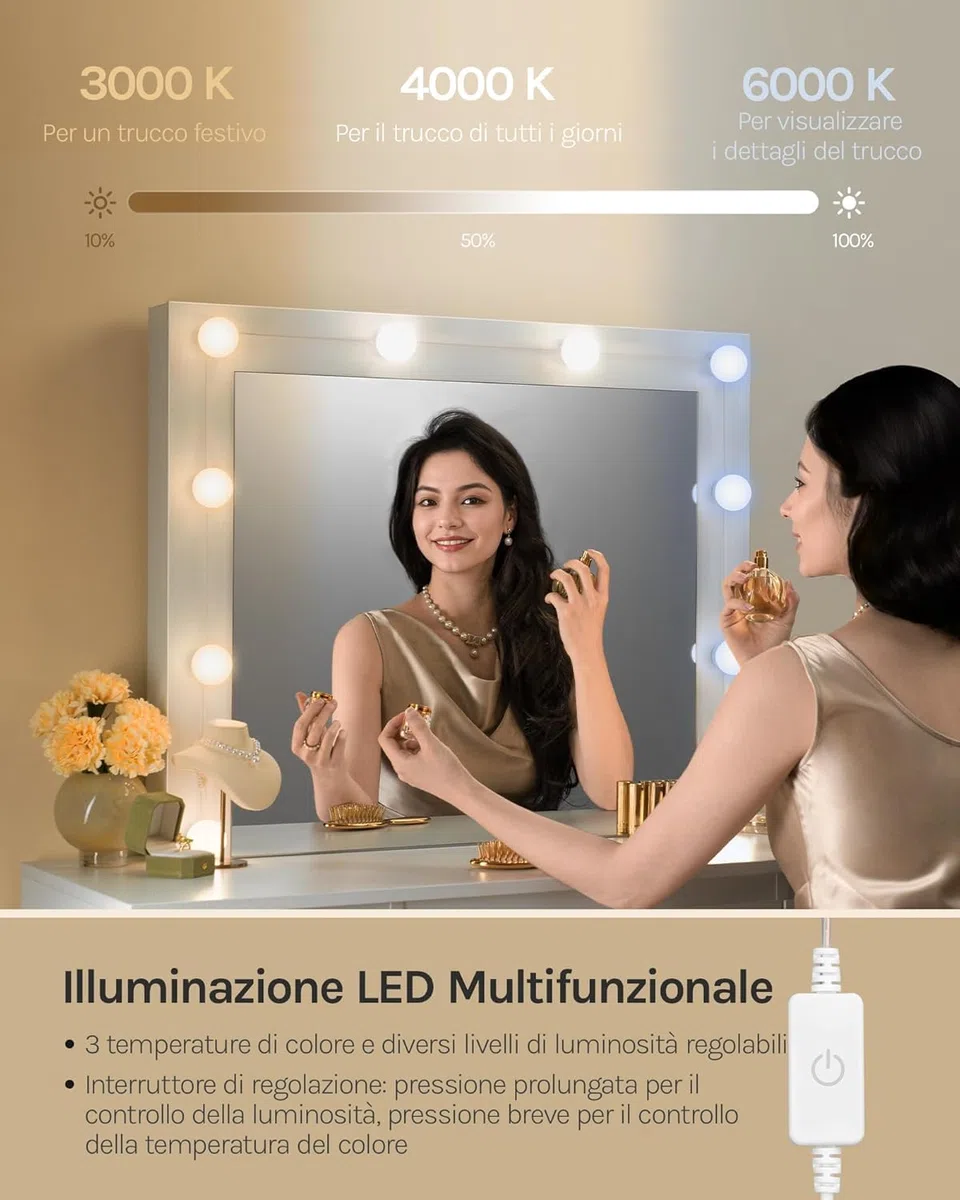 WOLTU Toeletta da Trucco, con Specchio e Luci LED, Luminosità Regolabile, Tavolo da Trucco, con 7 Cassetti, Postazione Make Up, 107x39,5x140,5cm, Cassettiera in Legno, Bianco, MB6099ws