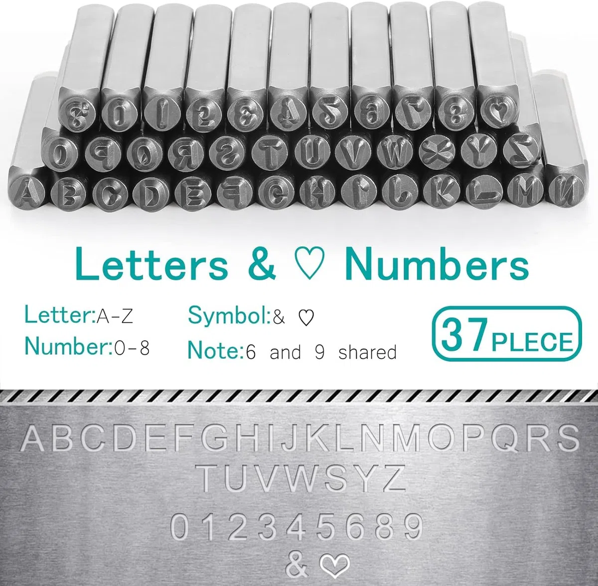 Set di 37 Tamponi in Metallo 3mm, Lettere A-Z Numeri 0-9 & Caratteri Speciali, Tamponi Imbossaggio Acciaio Temperato per Metallo Plastica Legno Pelle,
