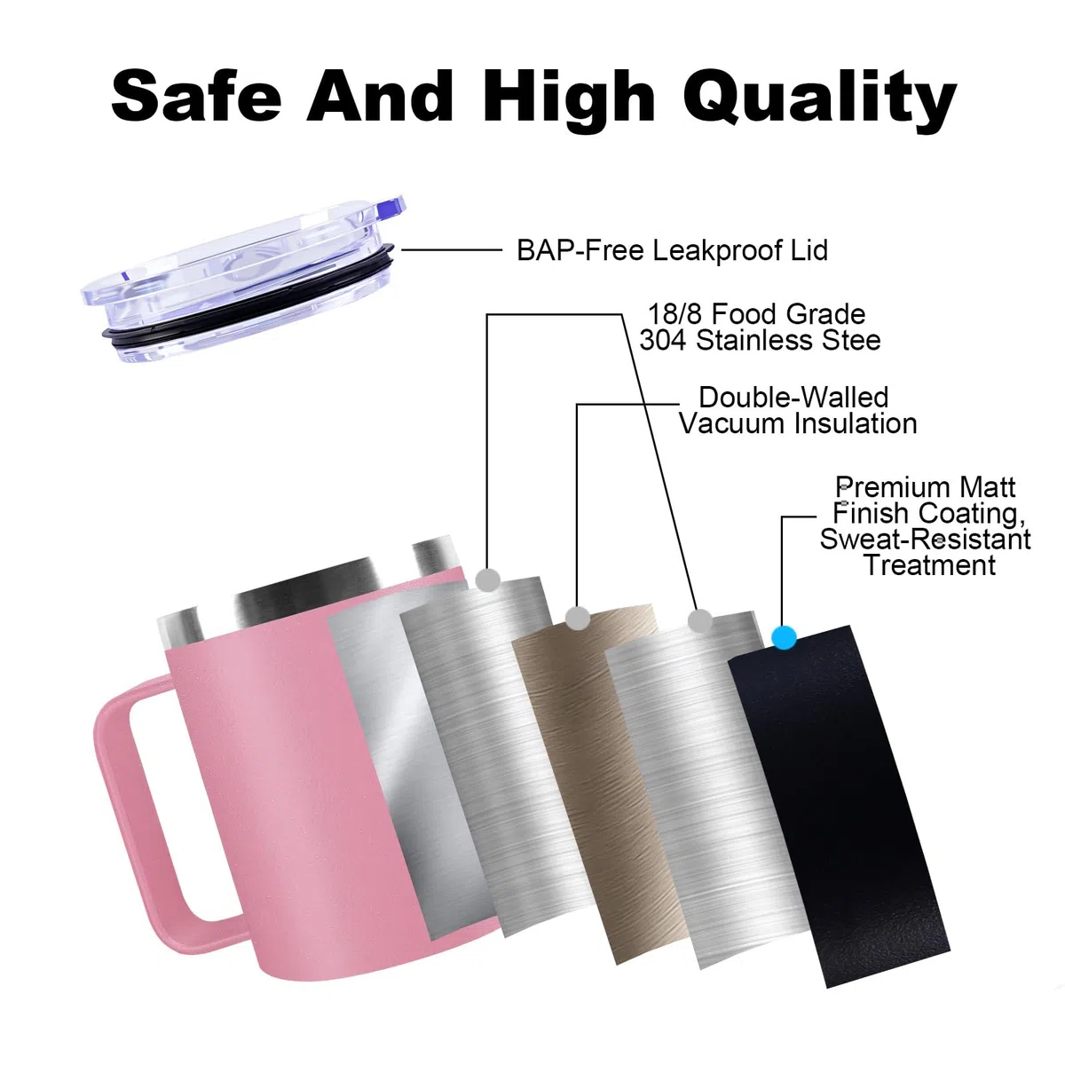 Tazza Termica 360ml con Manico, Mug Termica in Acciaio Inox con Coperchio Ermetico, Bicchiere Termico da Viaggio per Caffè, Ufficio, Campeggio e Viaggi(Rosa)