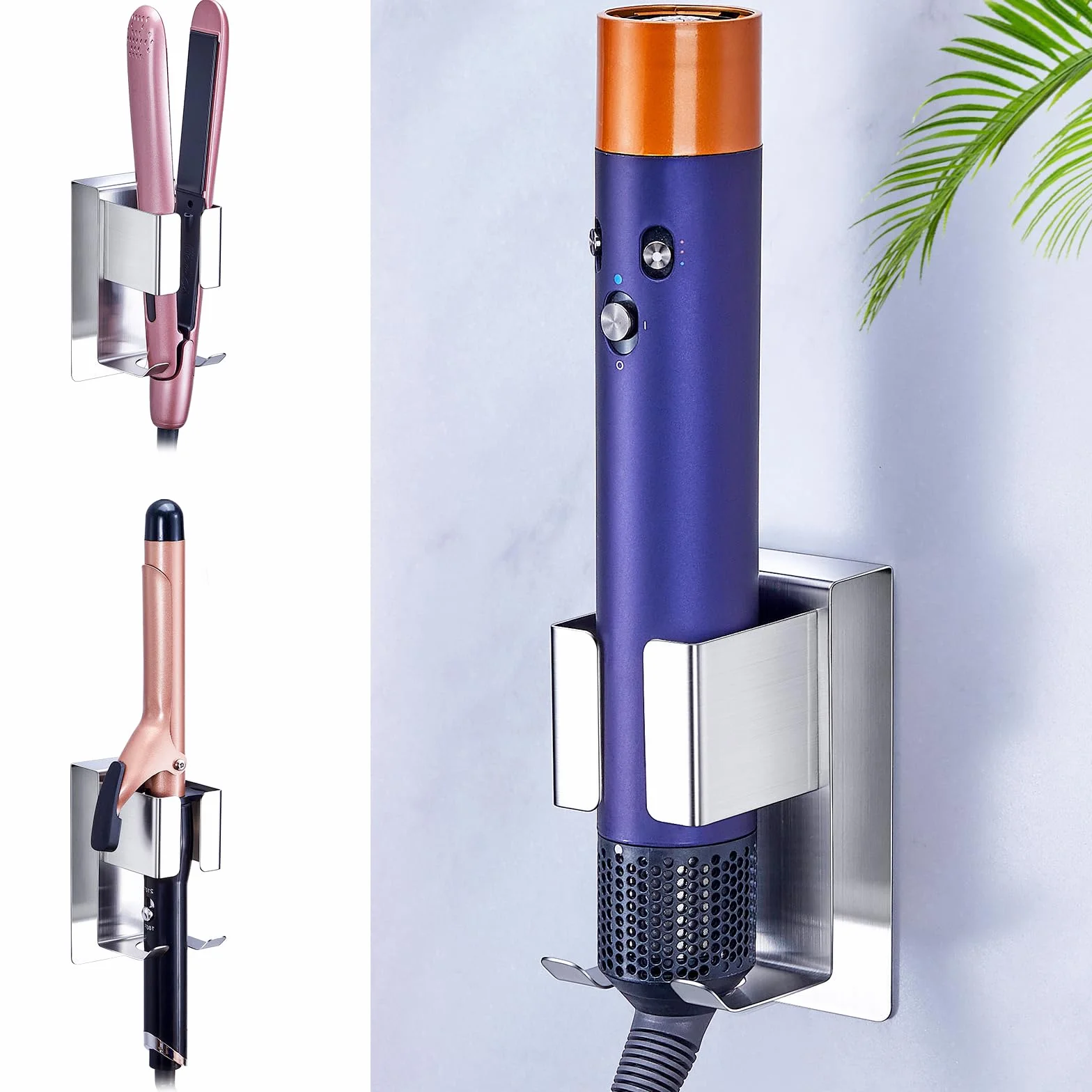 Supporto Phon Piastra, Supporto da Parete Senza Foro per Piastre Porta Asciugacapelli, Porta Phon e Piastra, Adatto per Asciugacapelli, Piastre e Arricciacapelli (Argento, 1PC)