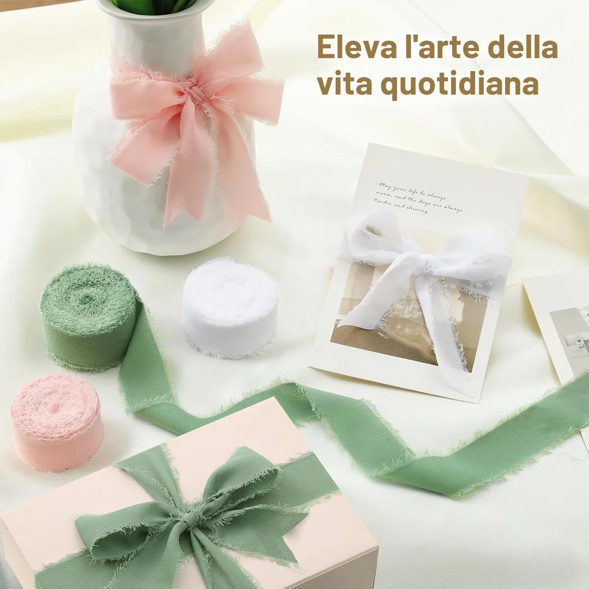Nastro in Chiffon Bianco, 2,5 cm x 40,0 m, Regalo Frange Fatto a Mano, Largo di Seta per Inviti di Nozze, Bouquet da Sposa, Confezione Regali