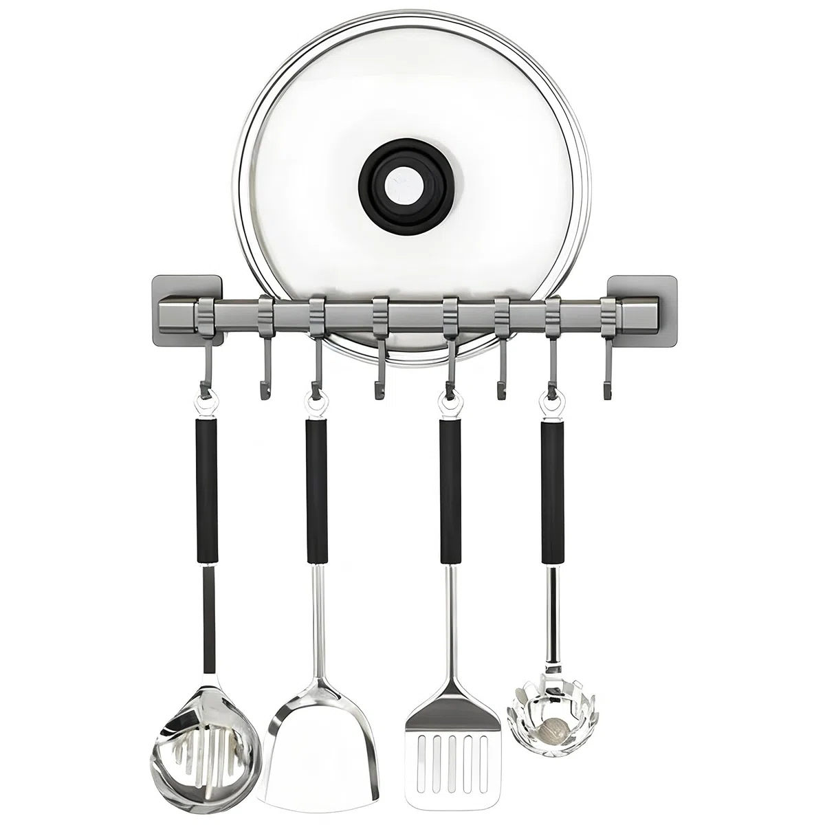 Porta Utensili da Cucina Autoadesivo con 8 Ganci Mobili,40cm Gancio da Parete Mobile Barra Portautensili Cucina,Barra Portautensili Cucina per Pentole,Portacoltelli