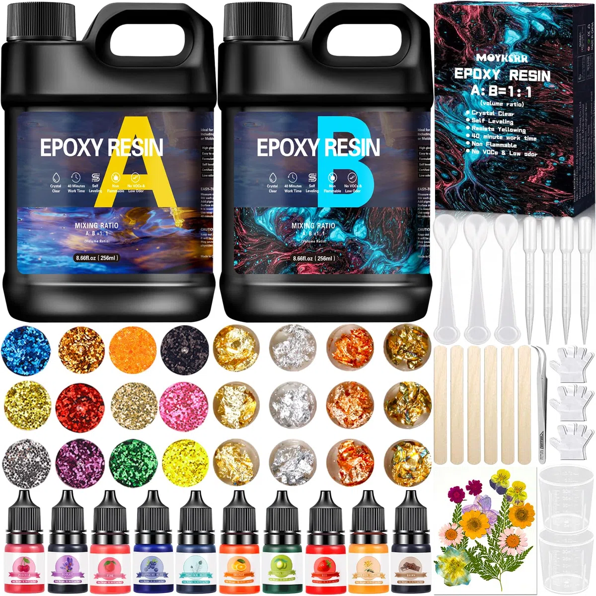 MOYKSRR Resina Epossidica Trasparente Kit Principianti 512ml Completo con Glitter per Creazione Gioielli Fai da Te Legno Pittura Decorazione Artigianale