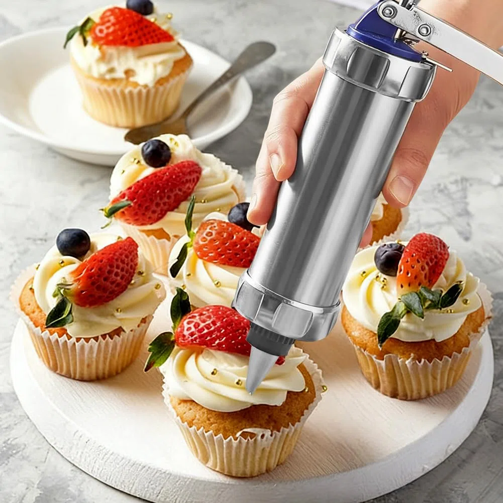 Pressa per pasticceria con 20 stencil e 8 beccucci in acciaio inox, pressa per pasticceria, macchina da cucina, macchina per biscotti fai da te
