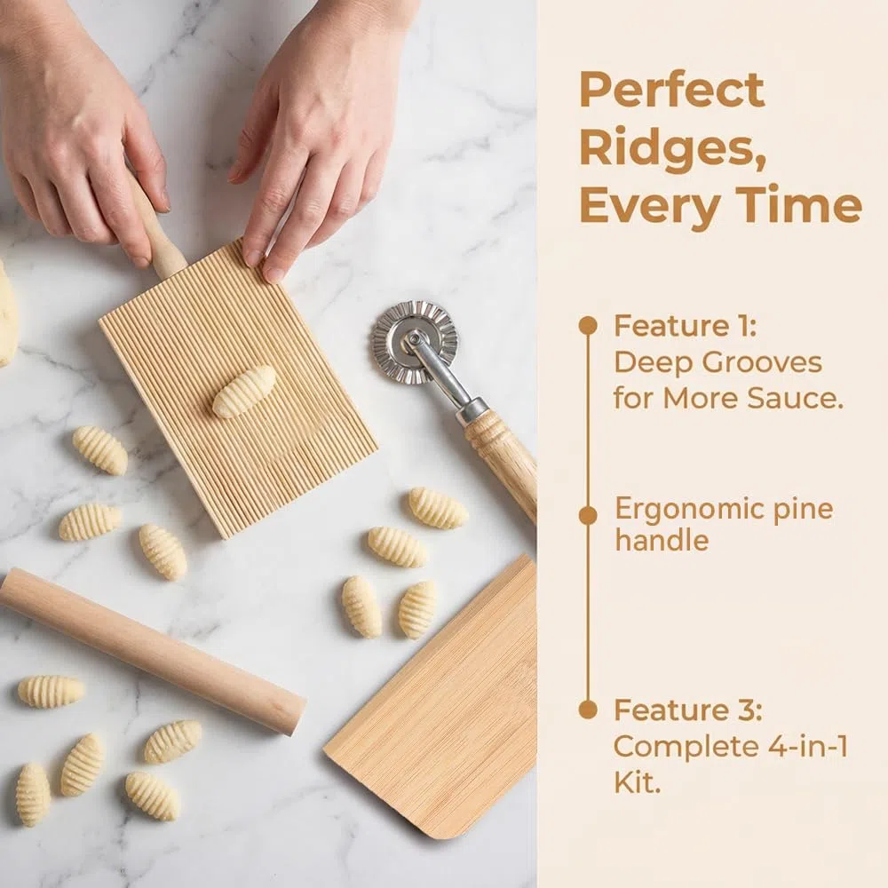 4 Pz Set di Rigagnocchi con Asta per Garganelli, Rigagnocchi in Legno, Utensile Manuale Realizzare Garganelli e Gnocchi, Pasta Board Gnocchi Roller con Mattarello, Taglia-pancake e Raschietto