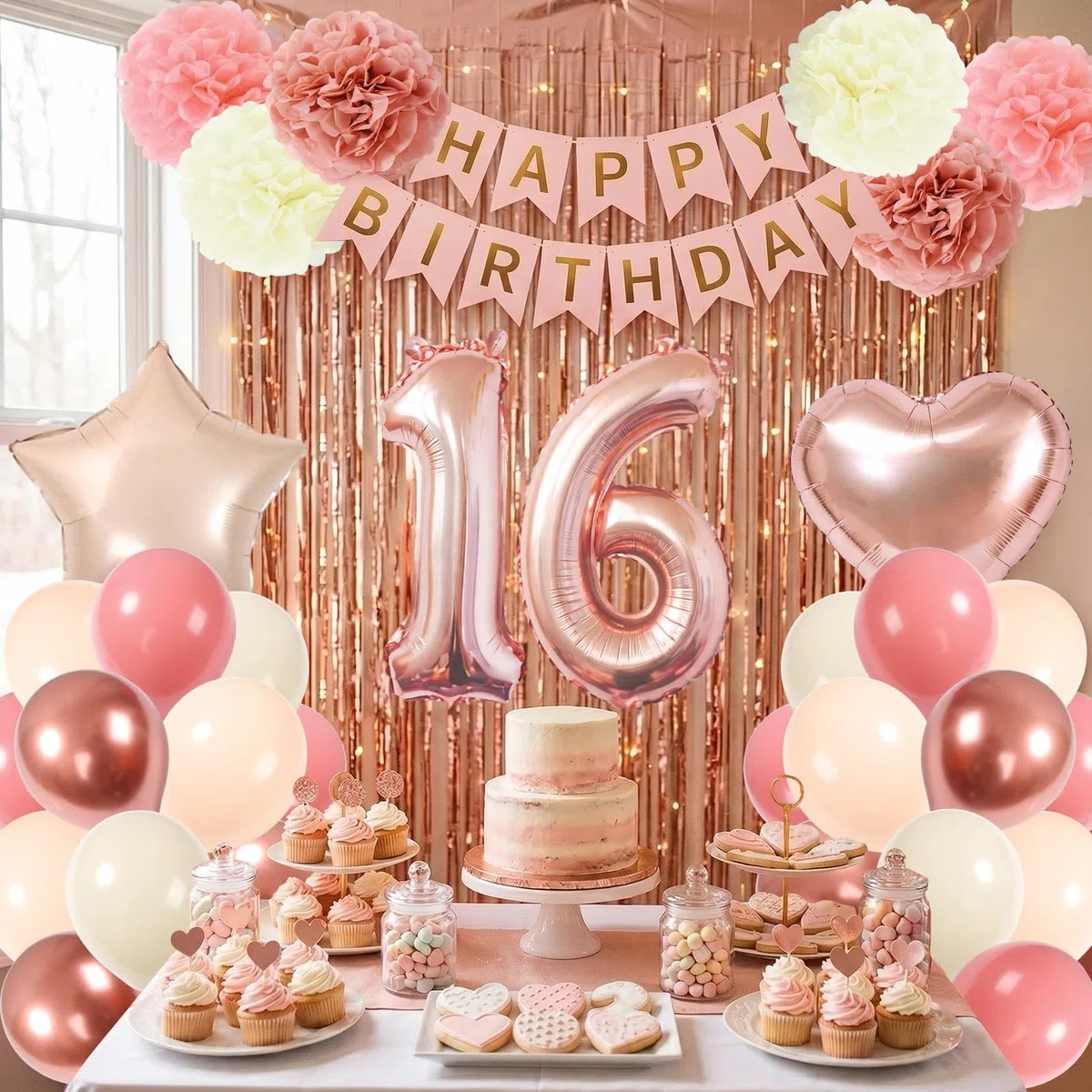 Decorazioni Compleanno 16 Anni Bambina, Palloncini Compleanno Oro Rosa con Striscione Buon Compleanno, Palloncini Cuore Stella Foil, Tende Metalliche Rosegold, Pompon di Carta Rosa per Ragazze