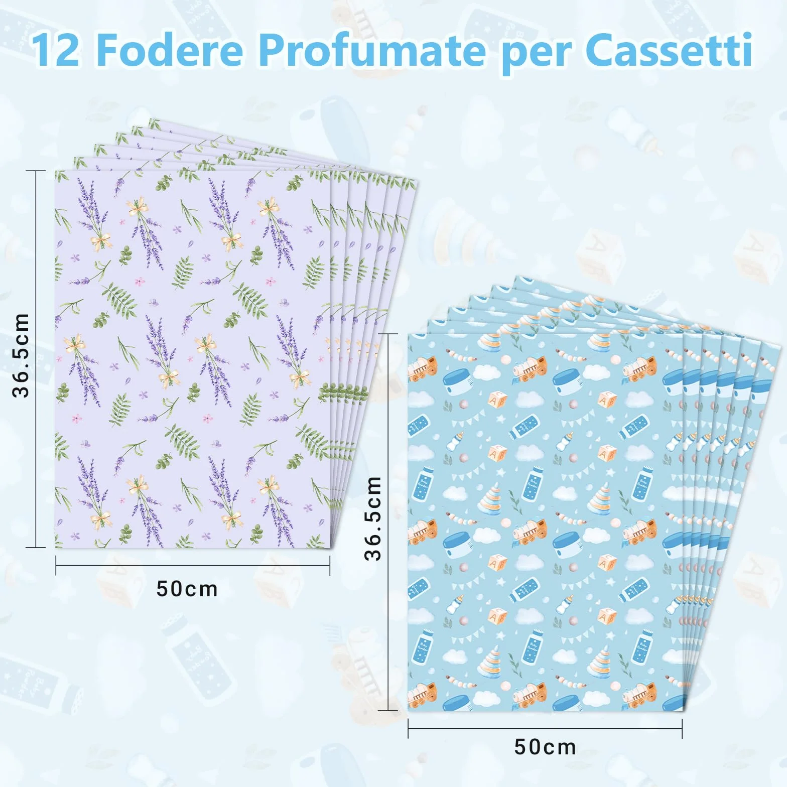 SCENTORINI Carta Profumata per Cassetti, 12 Fogli, Misura 36.5x52cm, Aroma di Lavanda e Talco per Bambini per Cassetti, Armadio, Decorazione Profumata Carta da Regalo