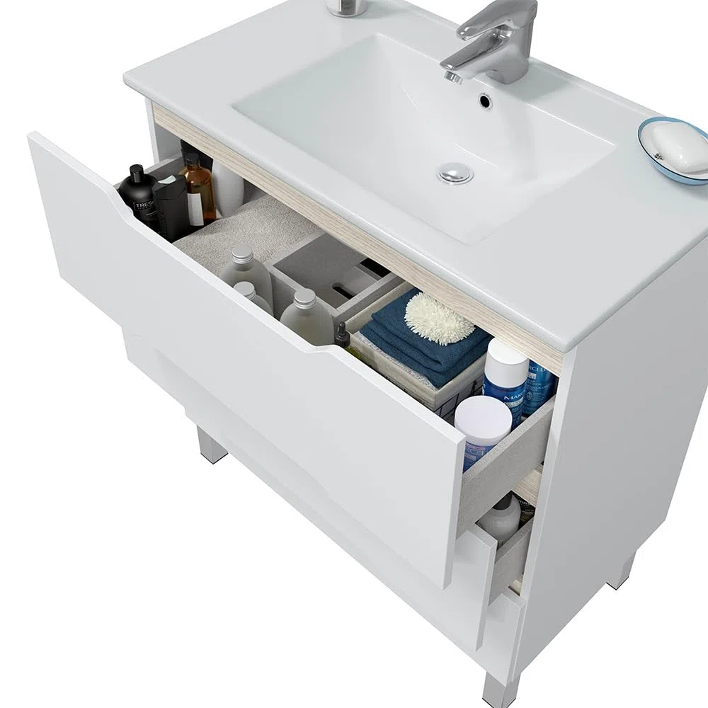 Mobile Bagno A Terra Da 80 Cm In Legno Bianco Lucido E Rovere Linea Brillo Con 2 Cassetti Dalla Chiusura Soft-Close, Completo Di Lavabo E Specchio