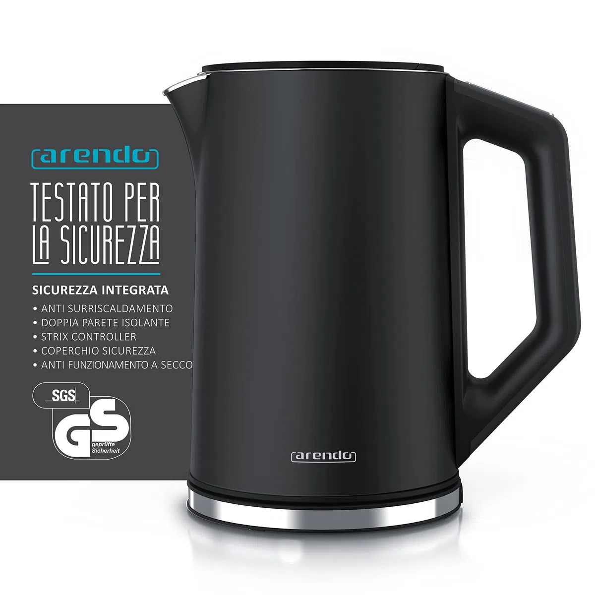 arendo - Bollitore Acqua Elettrico in Acciaio Inox - Modello Elegant - 1,5 Litri - 2200 W - Regolazidone della Temperatura da 40 a 100°C - Design a parete doppia - Nero
