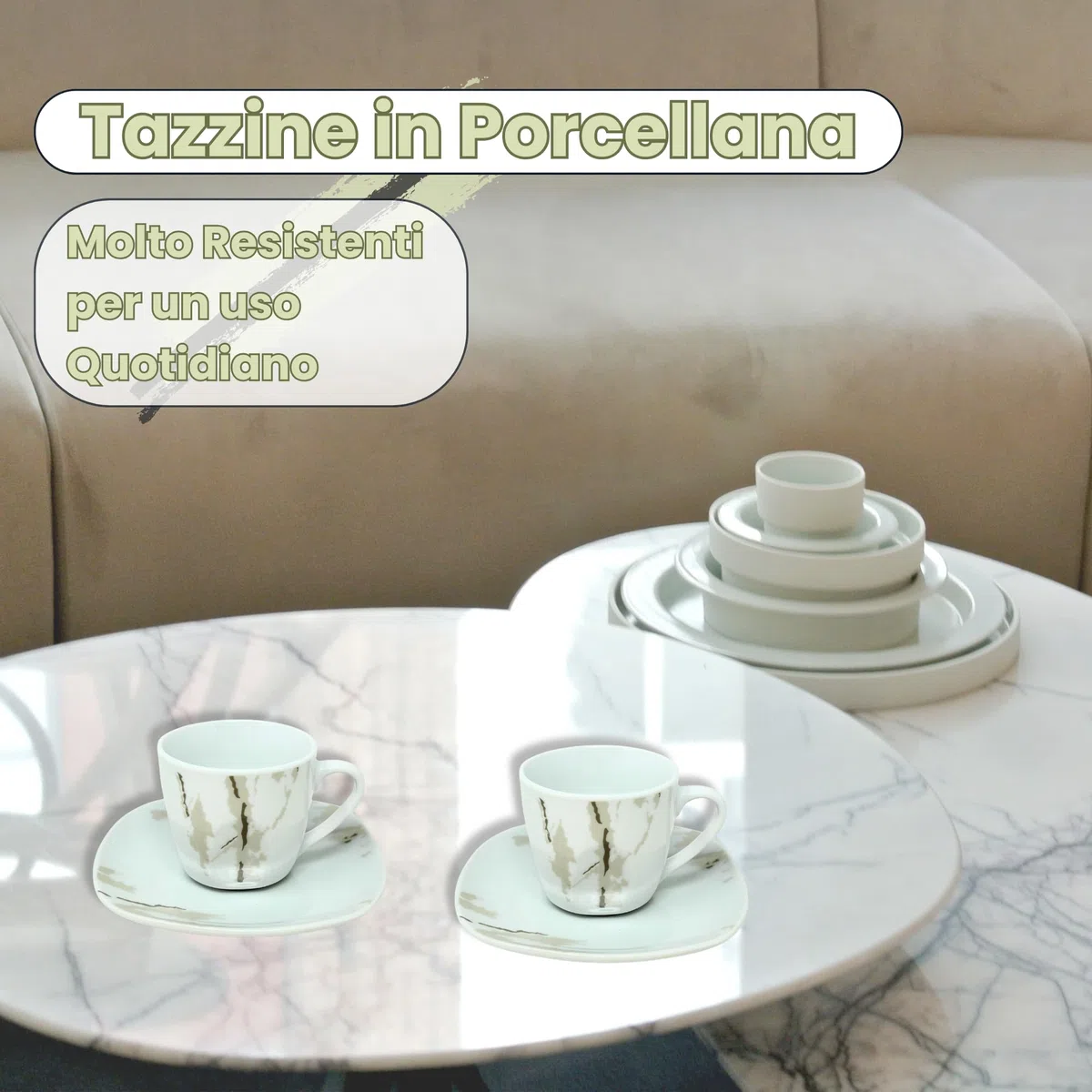 NAMAI - Set da 6 Tazzine Caffe Particolari con Piattino, Stile Autentico, Porcellana, Adatte In Lavastoviglie e Microonde, Idea Regalo (Hummus)