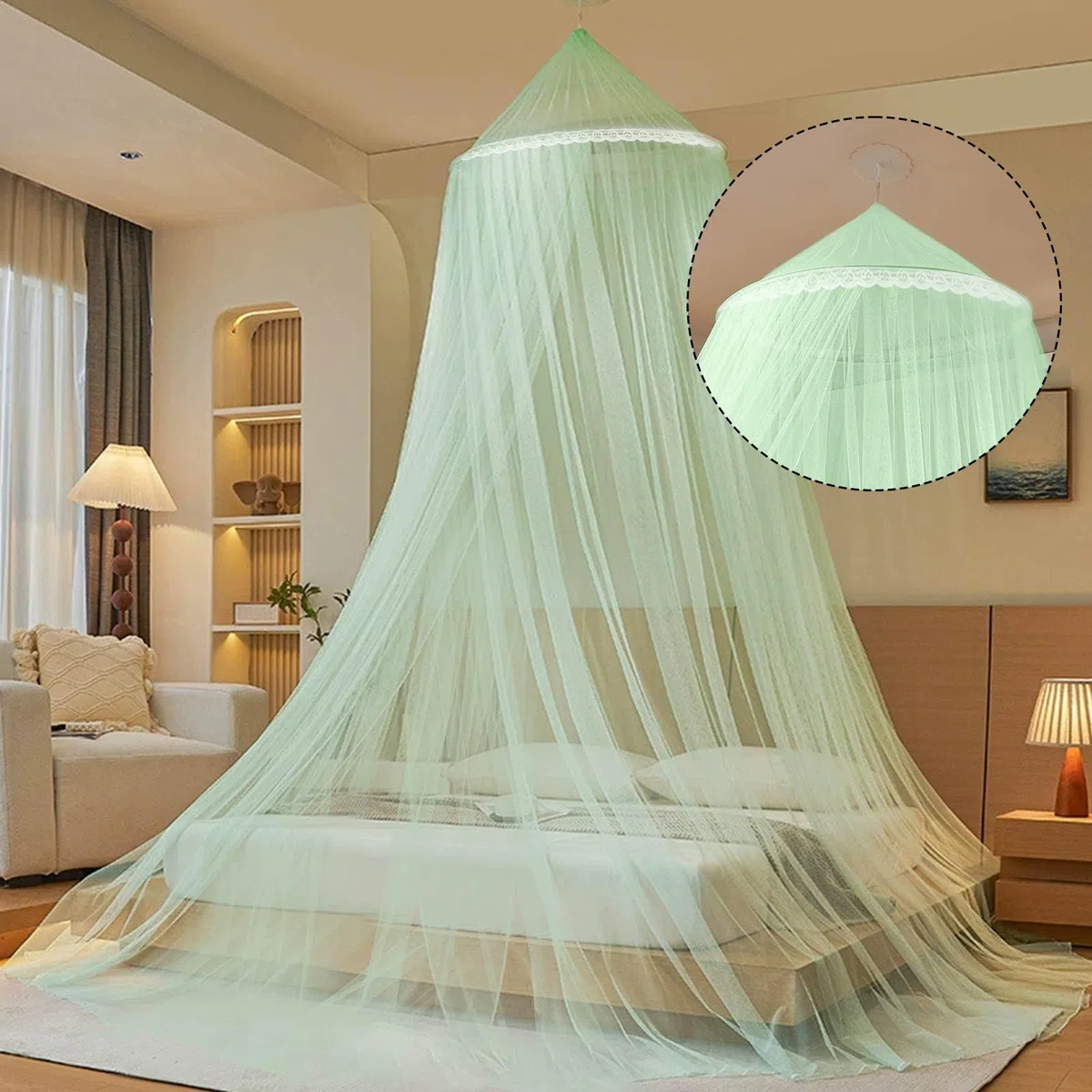 CINGHIA Zanzariera Letto, Zanzariera a Cupola, Verde Chiaro, Matrimoniale Singolo, Senza Porta, Baldacchino, Adatto Uso Interno ed Esterno