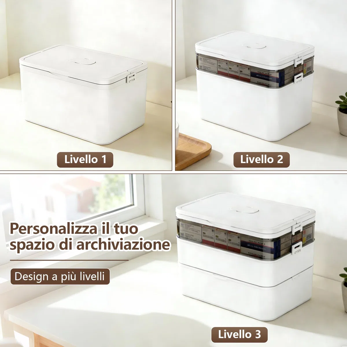 Scatola Portaoggetti per Medicinali a 3 Ripiani, Grande Scatola per Medicinali con Manico e Scomparti Rimovibili, Organizer per Famiglia, Ufficio, Scuola e Viaggi, Bianco