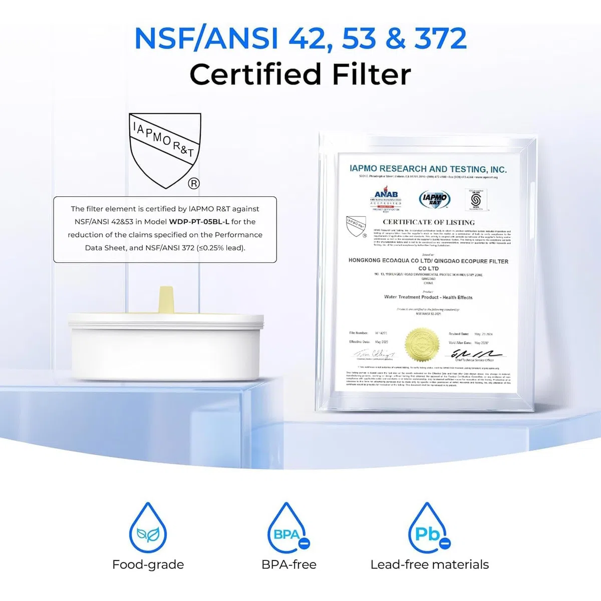 Waterdrop Caraffa Filtrante per Acqua, 2,5L, con Filtro da 2 Mesi, Certificata NSF 53 & 42 & 372, Riduce PFOA/PFOS, Cloro, Cadmio, Rame, Mercurio, WD-PT-72W