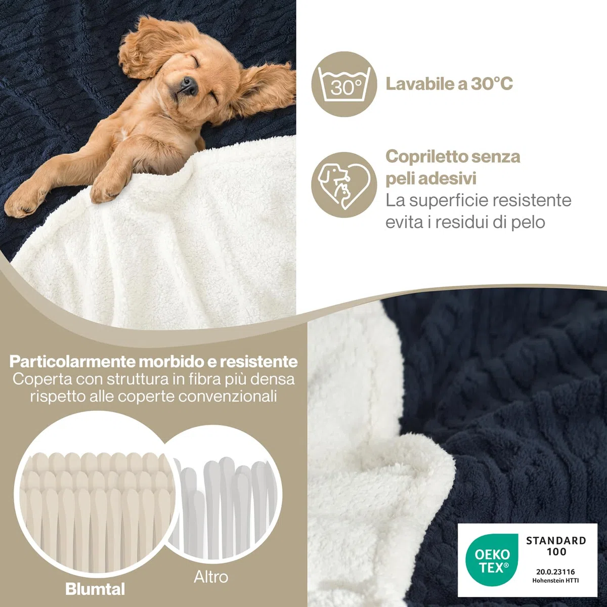 Blumtal Coperta Pile 230x270 cm Con Disegno a Treccia - Plaid Divano Invernale Matrimoniale Con Certificato OEKO-TEX - Caldo e Morbido - Blu Navy/Bianco