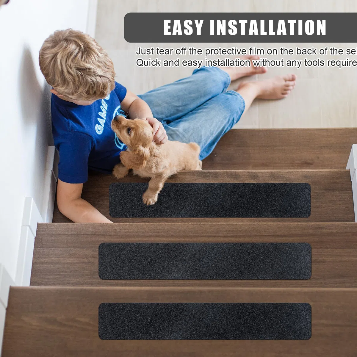 Tappetini per Scale Autoadesivo, 10 Pezzi Strisce Antiscivolo per Scale Interne 10x60cm Strisce Antiscivolo per Scale Interne per gradini in Legno e Pavimenti, Nero