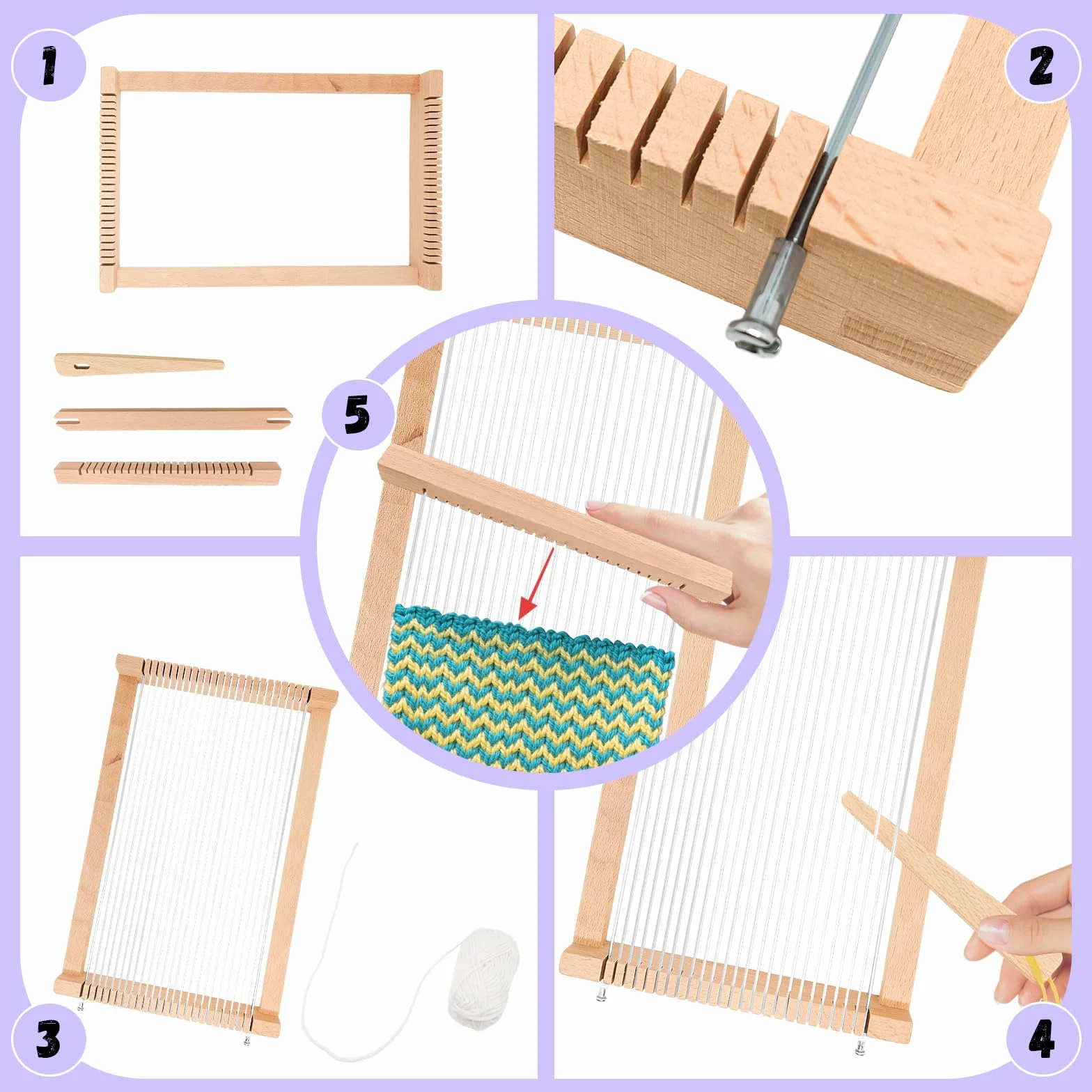 SINRAD Telaio Per Bambino,Telaio in legno per Tessitura, Compatto small foot in legno,Navetta e Lana Filata per Principianti e Bambini - Dimensioni 29 x 19 cm